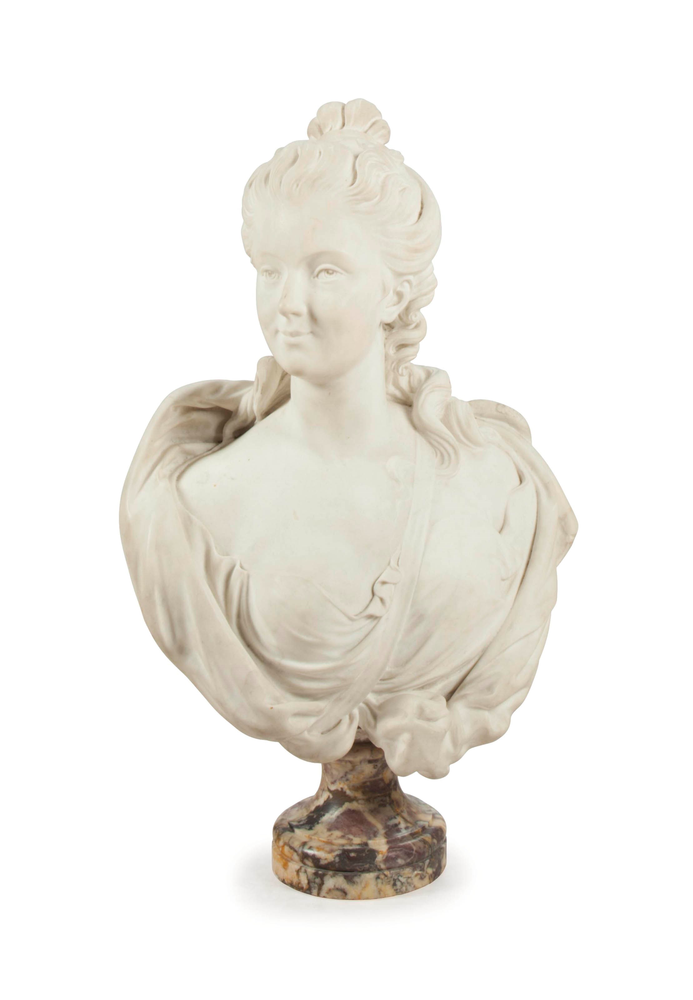 A FRENCH WHITE MARBLE BUST OF A LADY,