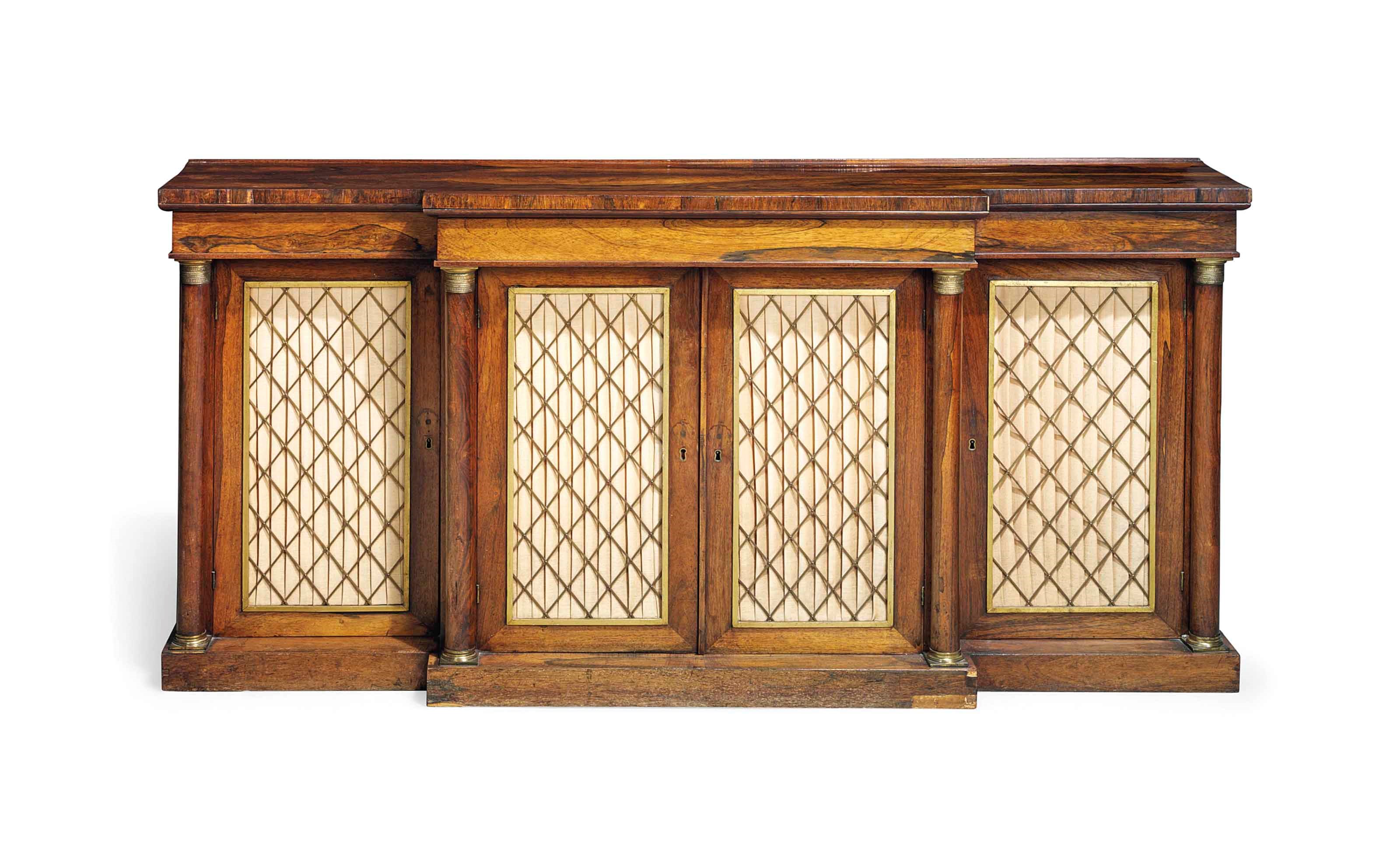 A REGENCY GILT-METAL MOUNTED ROSEWOOD BREAKFRONT SIDE CABINET