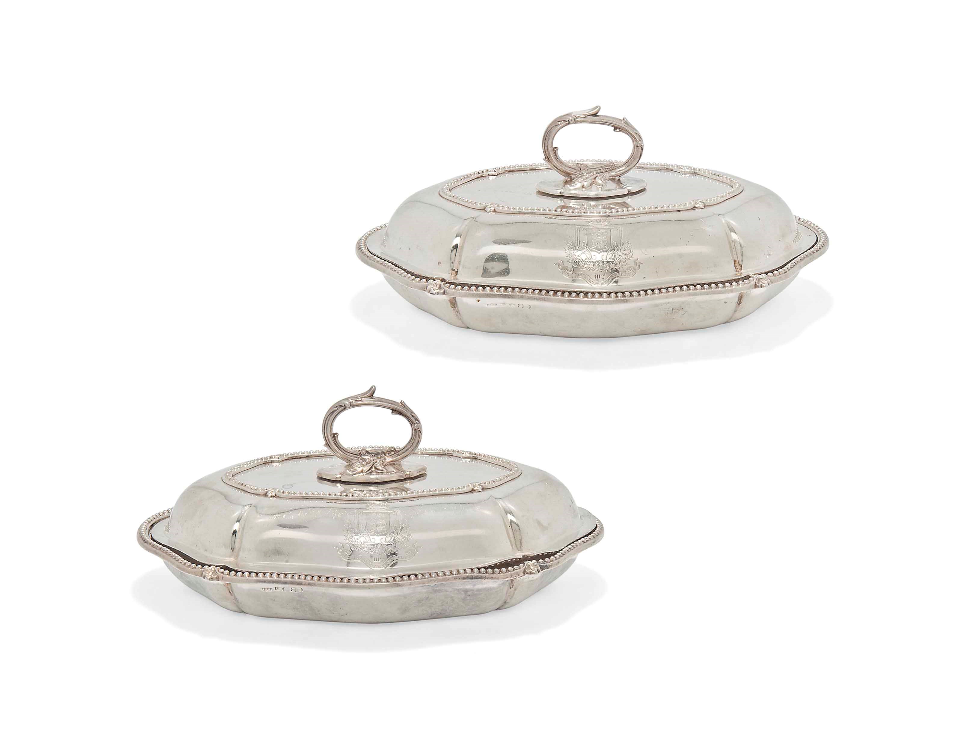 A PAIR OF VICTORIAN SILVER REGIMENTAL MESS ENTREE DISHES AND COVERS