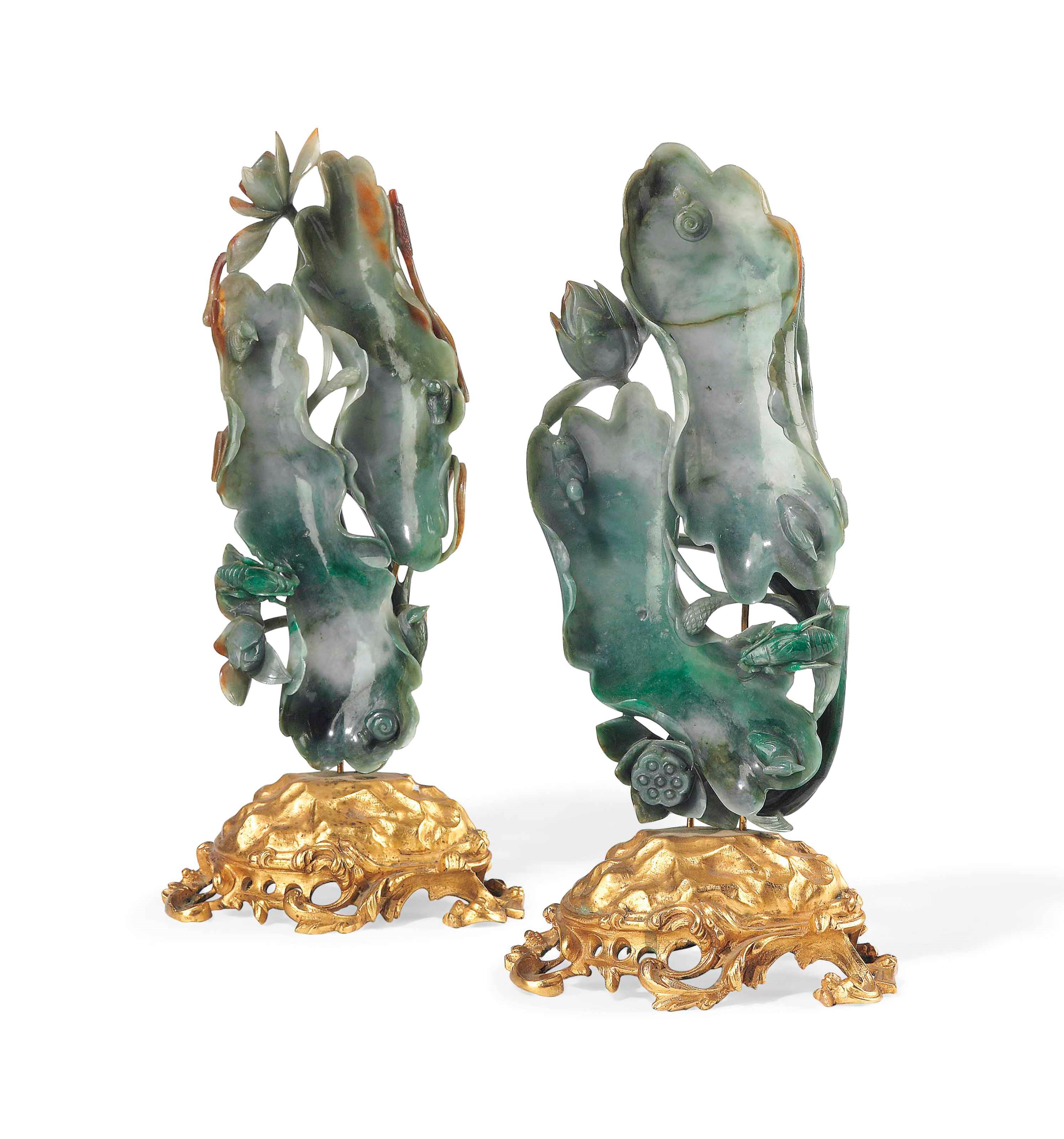 A PAIR OF ORMOLU-MOUNTED JADEITE 'LOTUS LEAVES' BRUSH WASHERS
