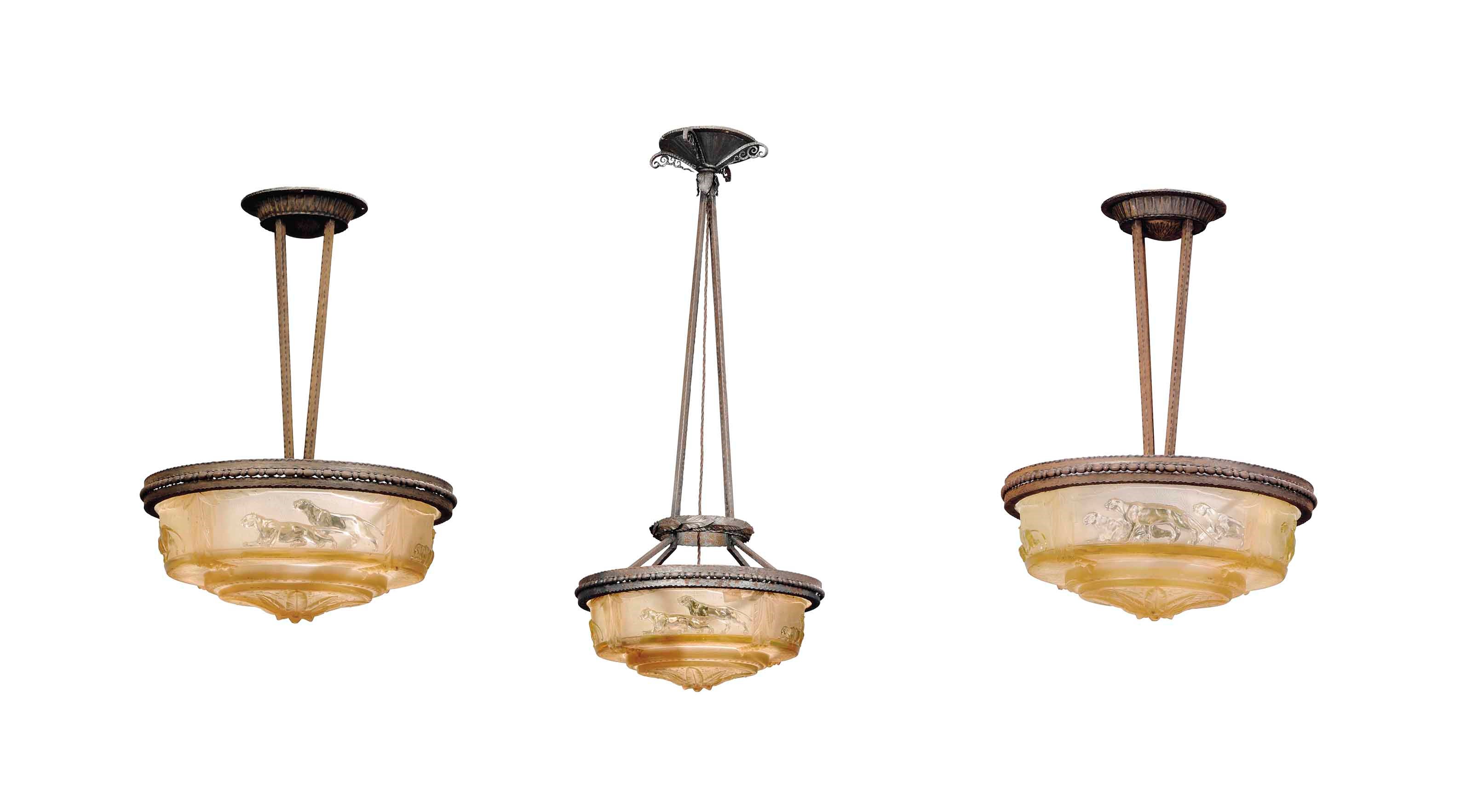 A TRIO OF MULLER FRÈRES WROUGHT-IRON AND MOULDED GLASS PLAFONNIERS