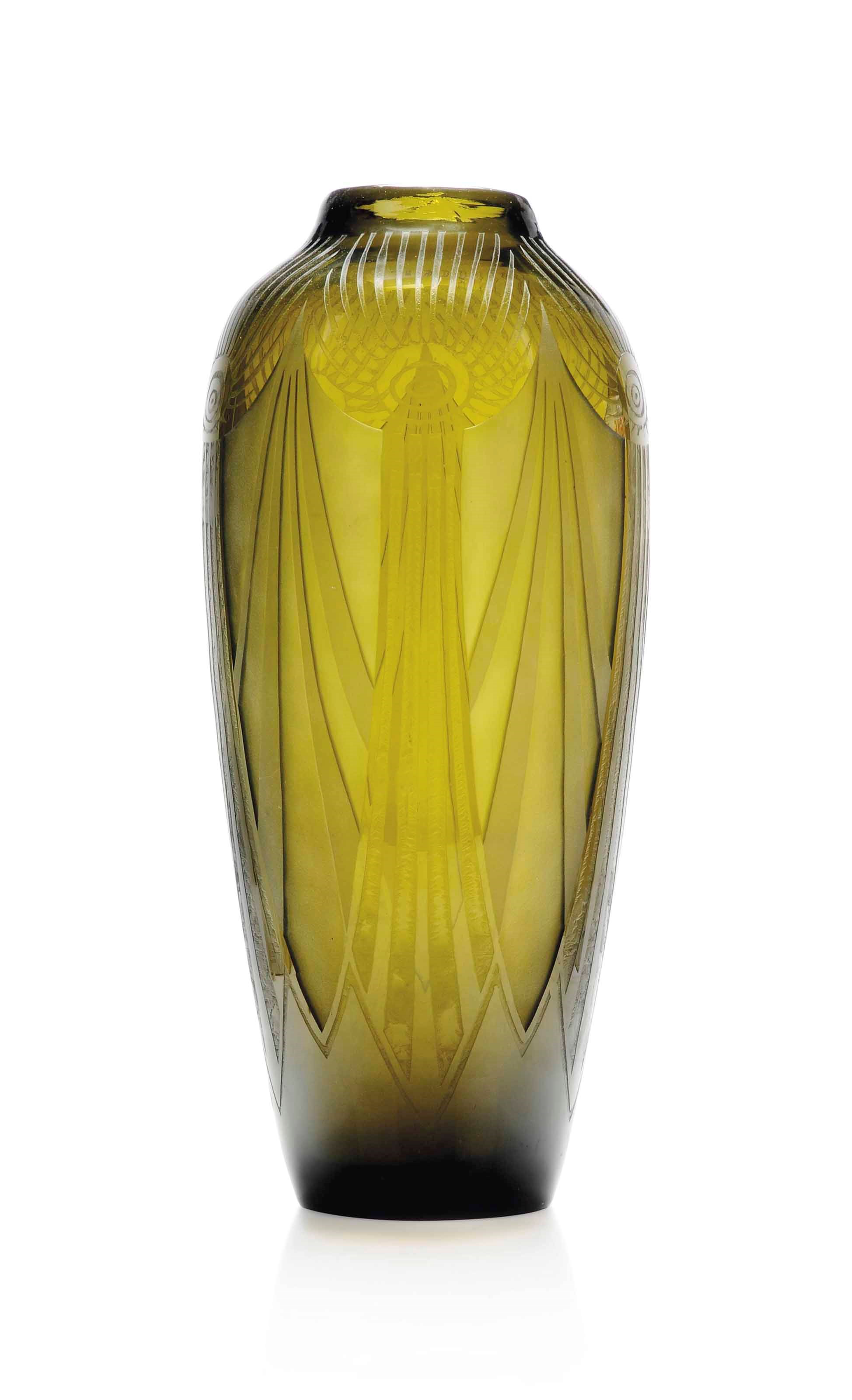 A LARGE LEGRAS ART DECO SMOKY GLASS VASE