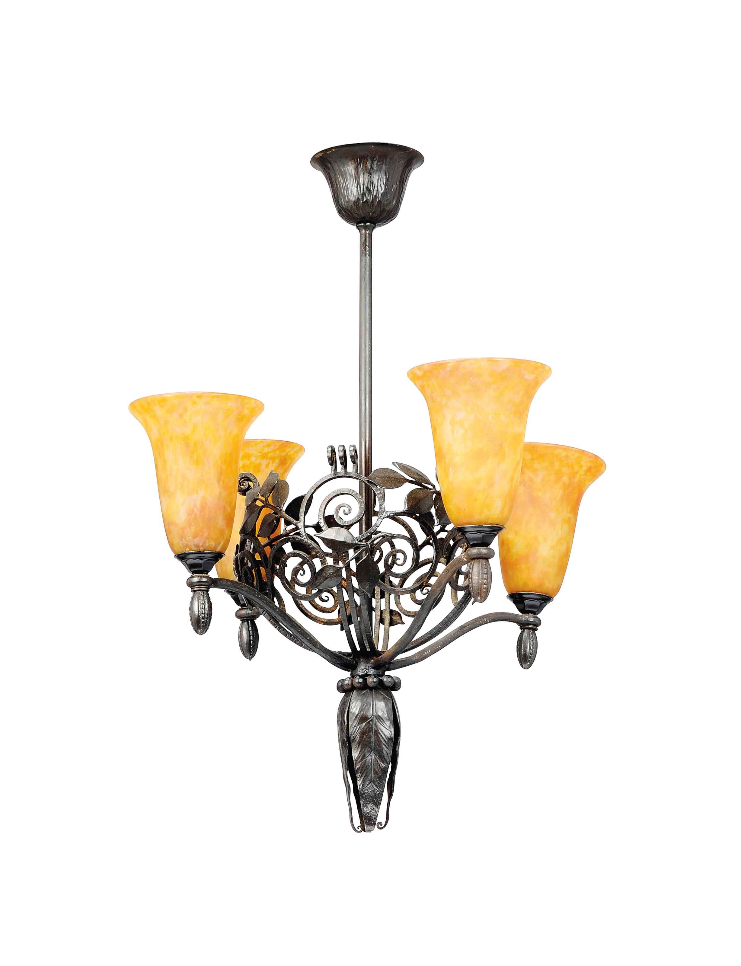 AN EDGAR BRANDT AND DAUM WROUGHT-IRON AND GLASS CHANDELIER
