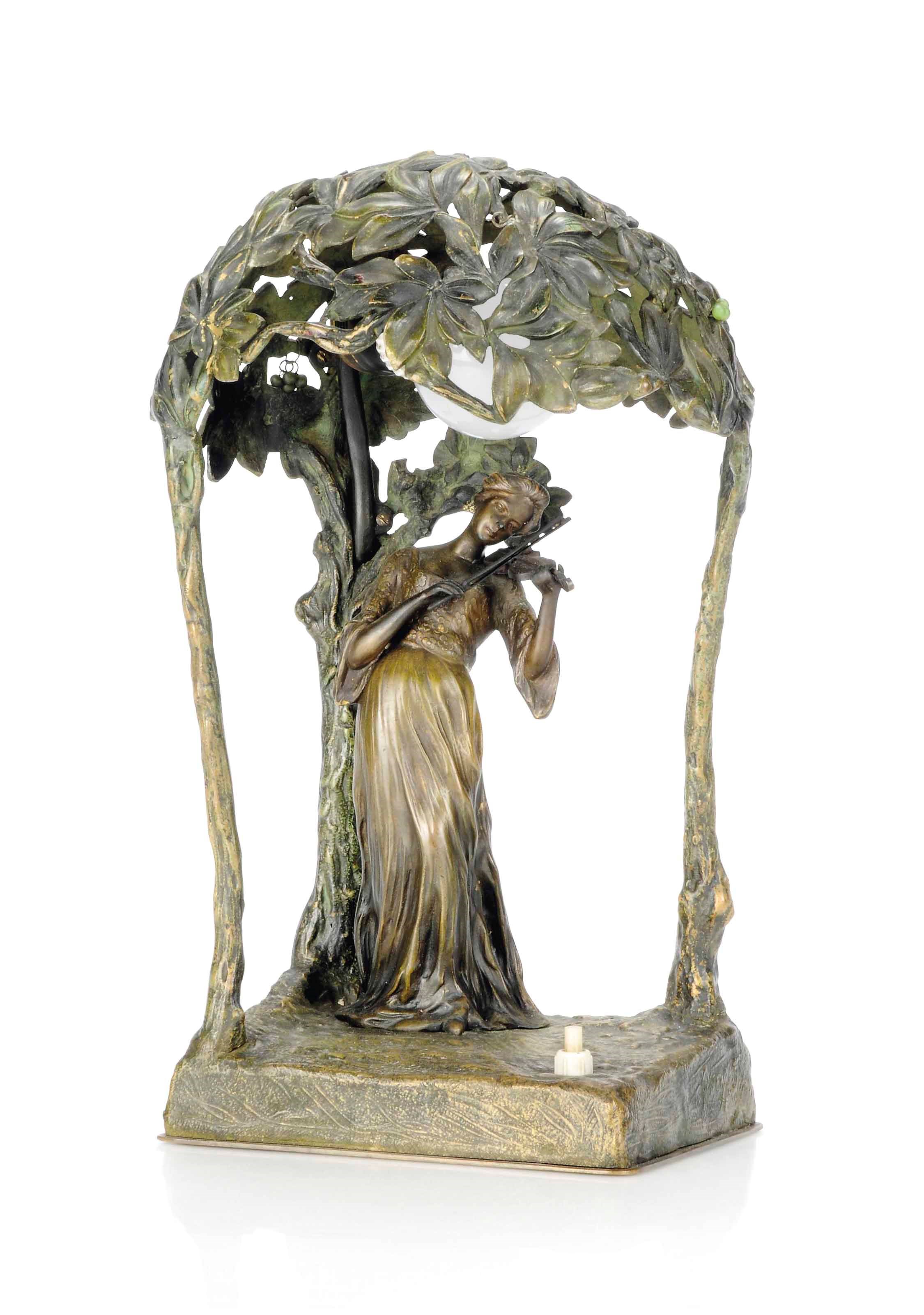'THE VIOLINIST' A PATINATED AND COLD-PAINTED BRONZE FIGURAL TABLE LAMP