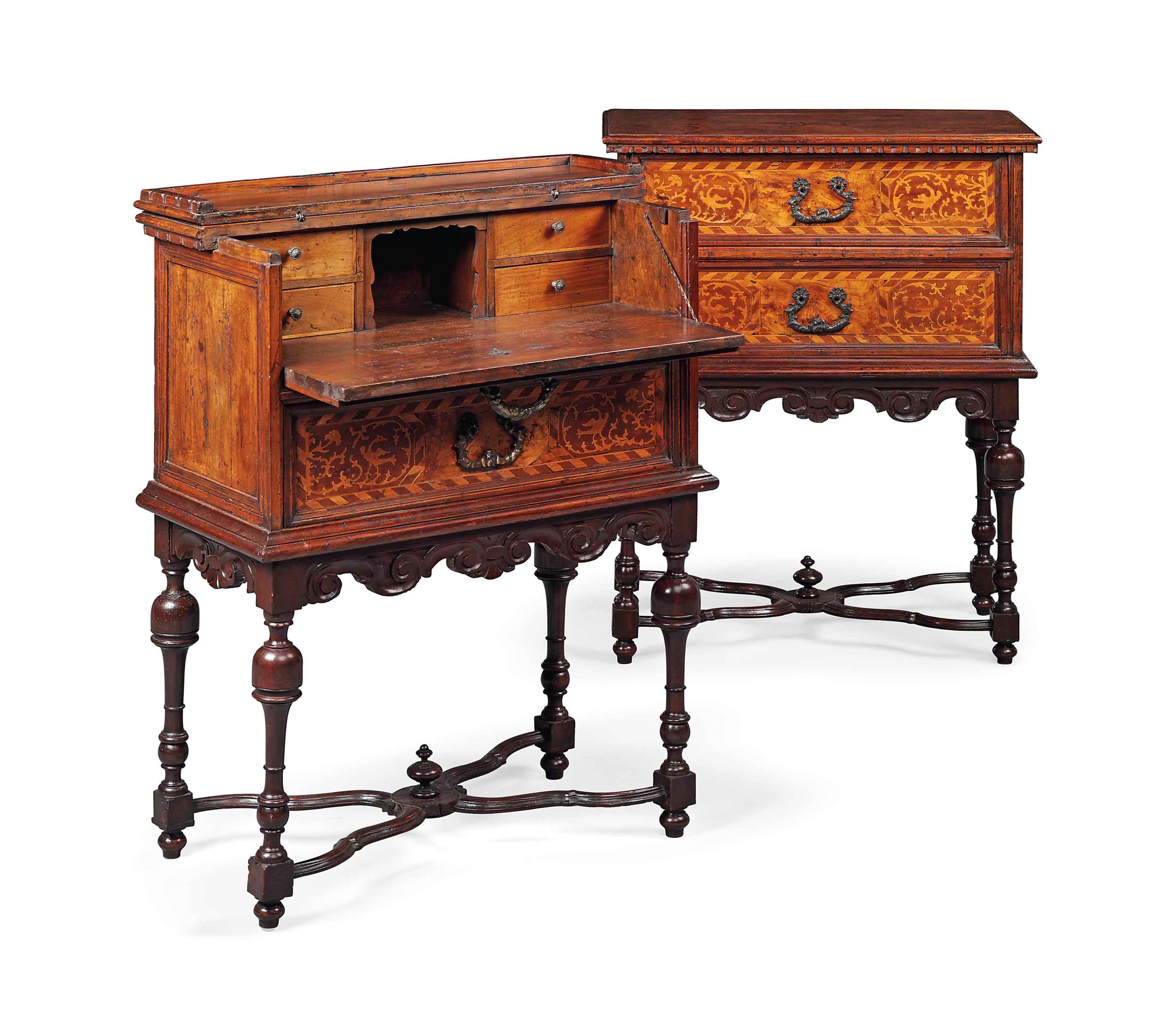 A PAIR OF ITALIAN WALNUT AND MARQUETRY CABINETS