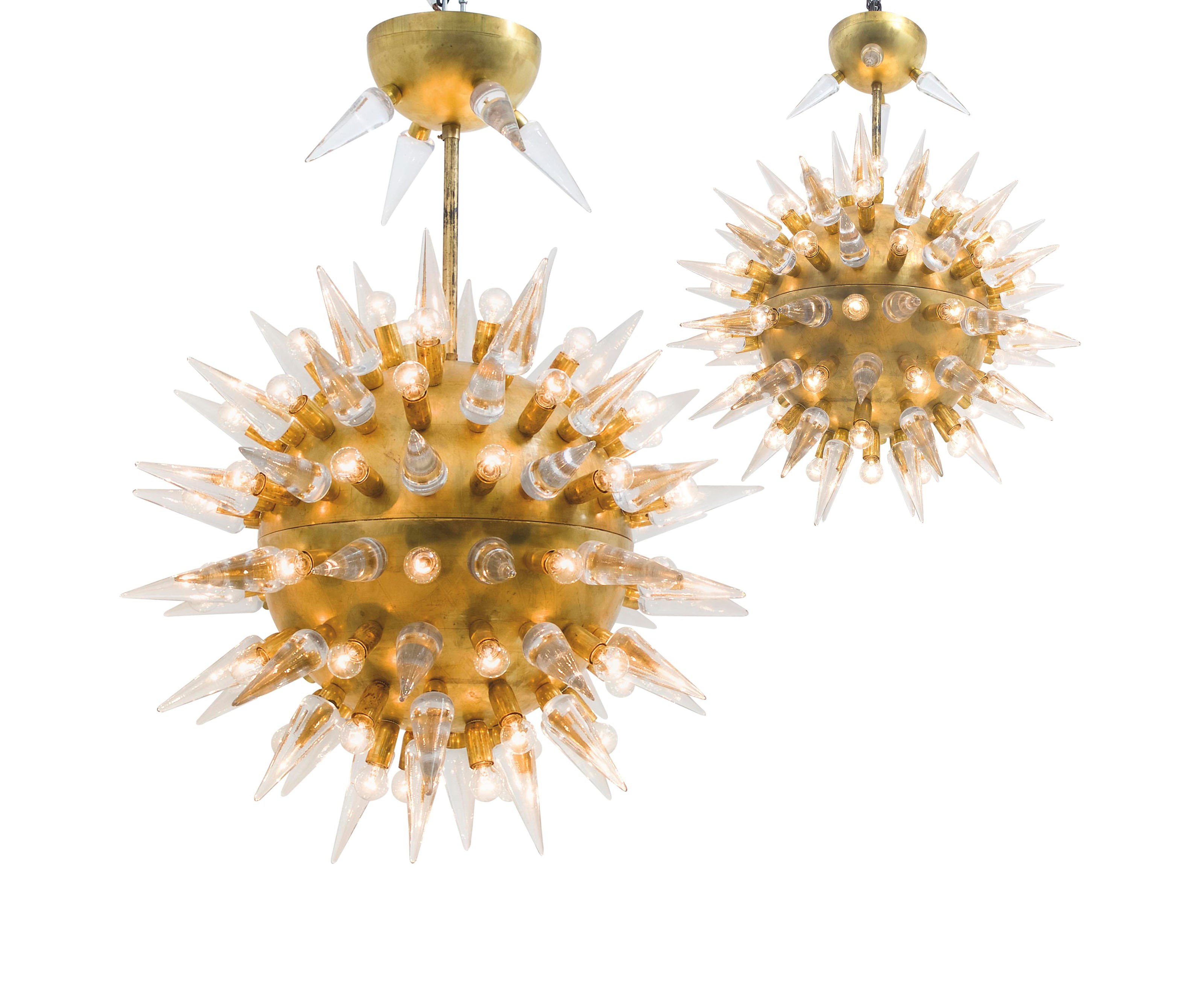 A PAIR OF ITALIAN MURANO GLASS AND GILT-METAL 'SPUTNIK' CHANDELIERS