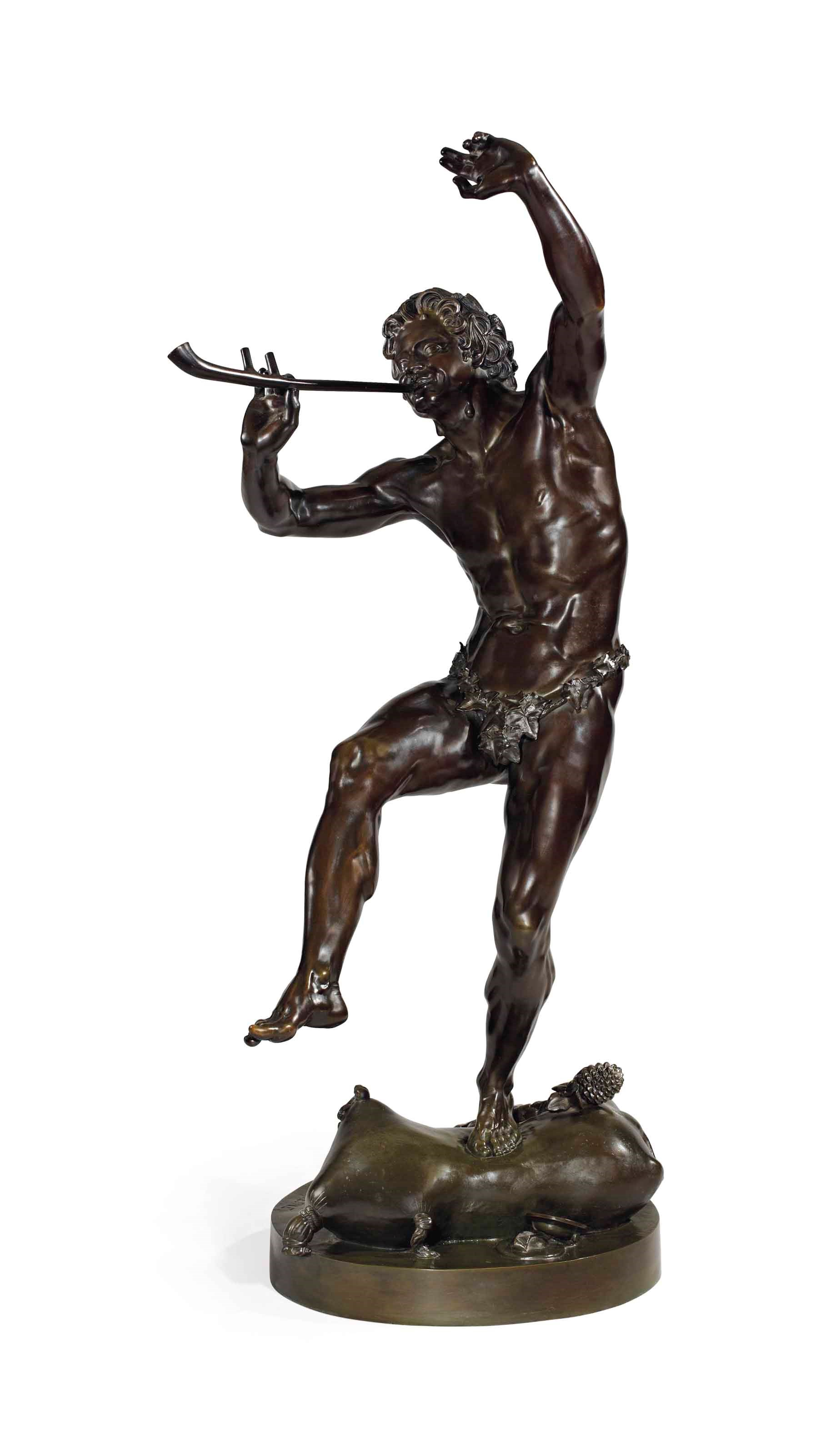 FIGURE EN BRONZE REPRESENTANT UN FAUNE DANSANT SUR UNE OUTRE DE VIN