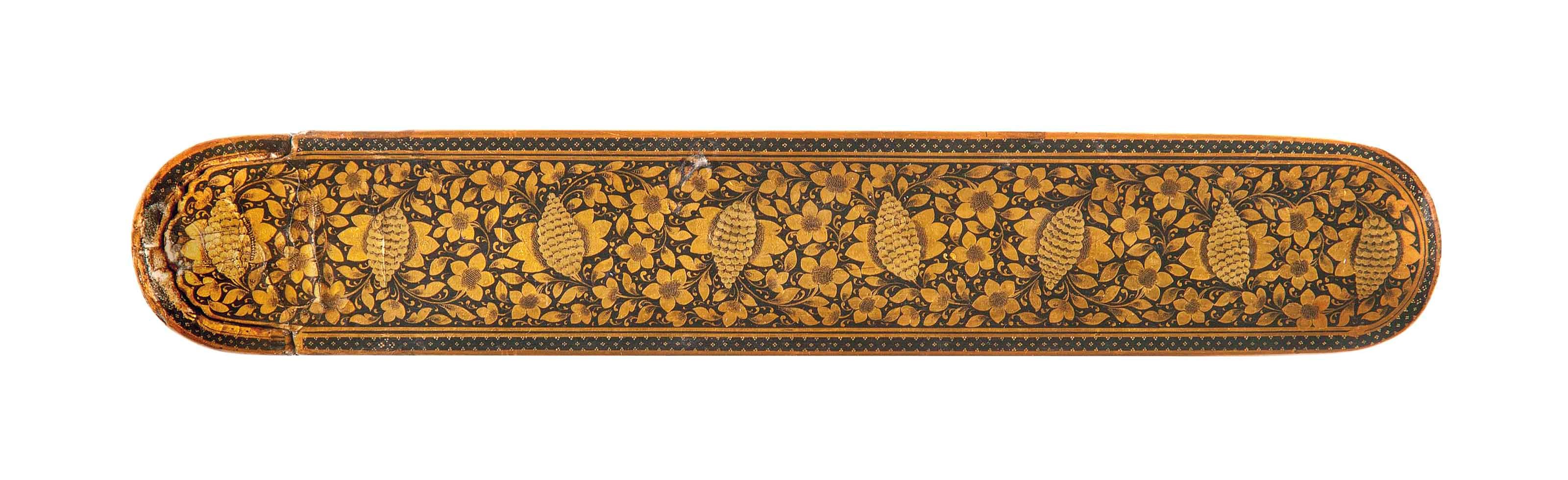 A FINE QAJAR LACQUERED PAPIER-MÂCHÉ PENCASE (QALAMDAN)