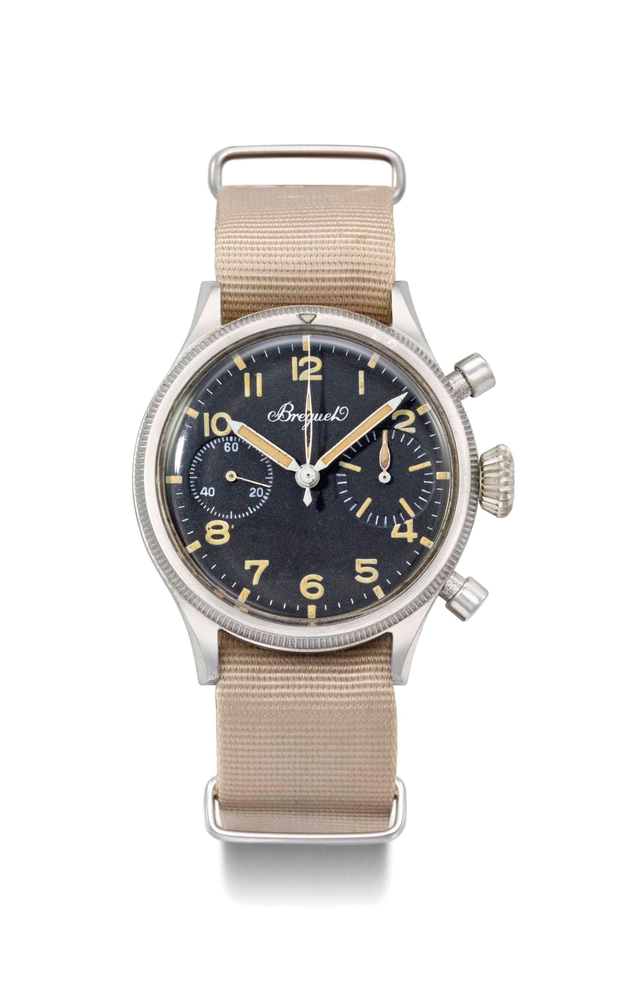 Breguet. A stainless steel flyback chronograph wristwatch, made for the French Naval Aviation Forces