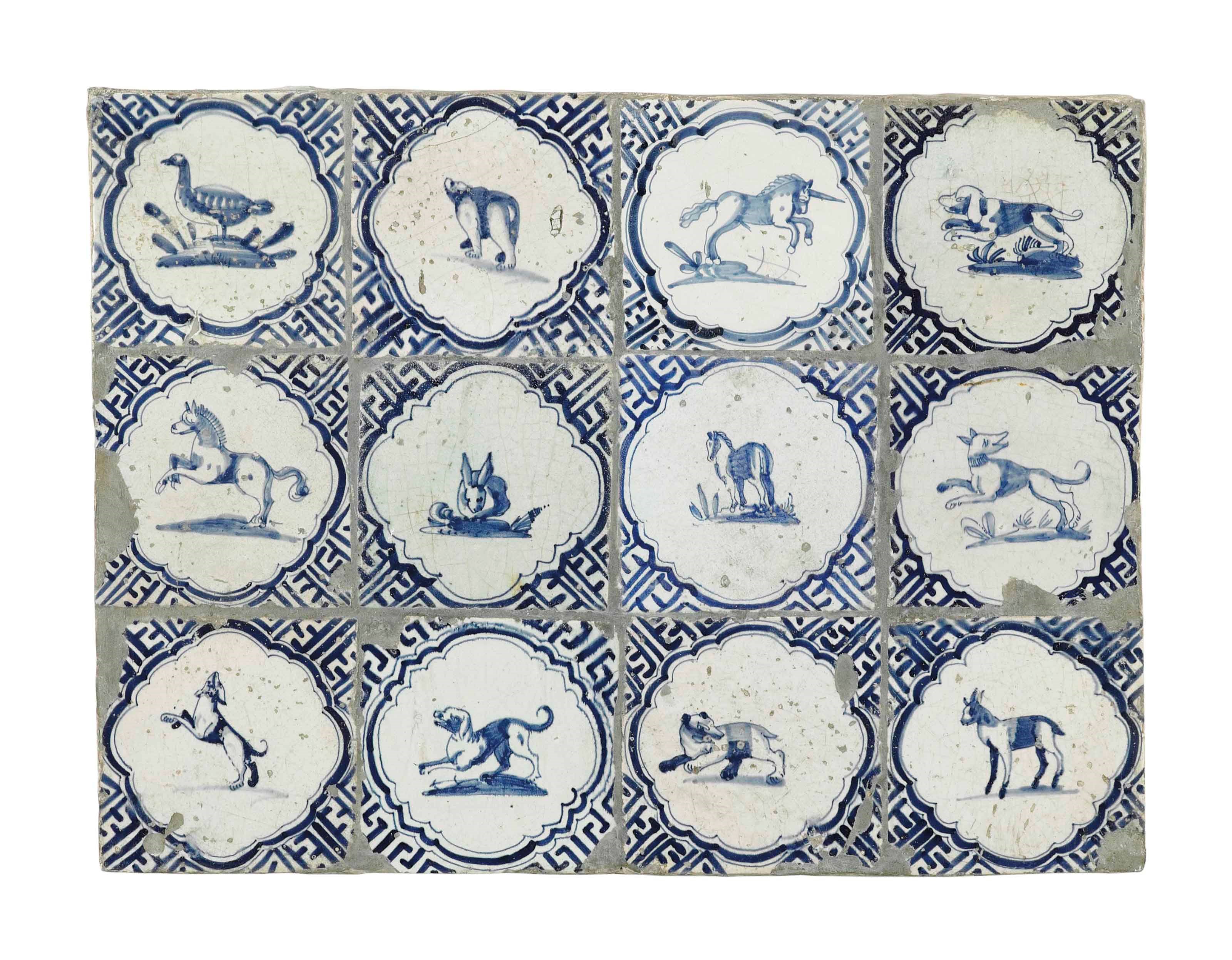 A DUTCH DELFT BLUE AND WHITE TILE PANEL