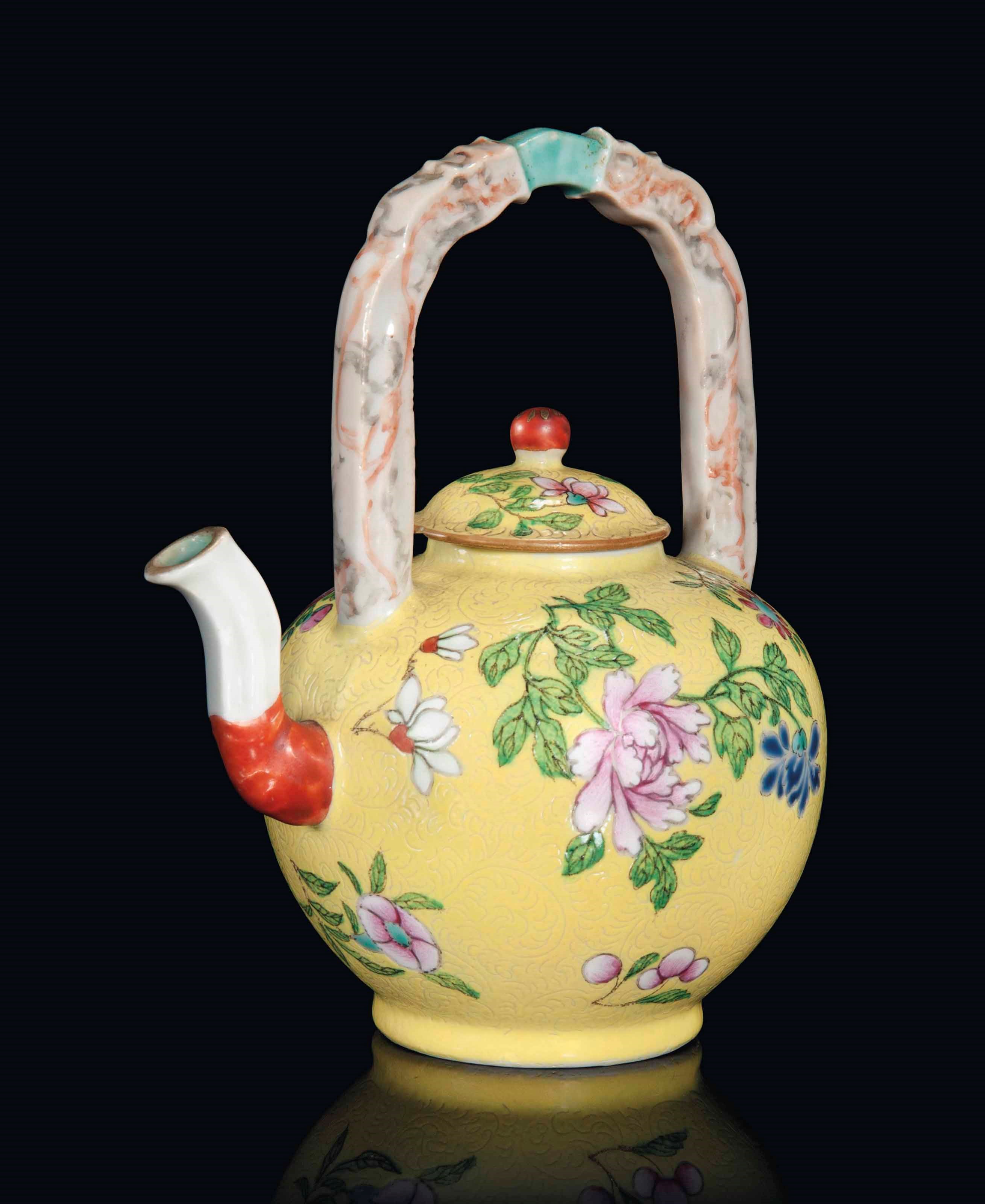 A CHINESE FAMILLE ROSE YELLOW-GROUND WINEPOT AND COVER
