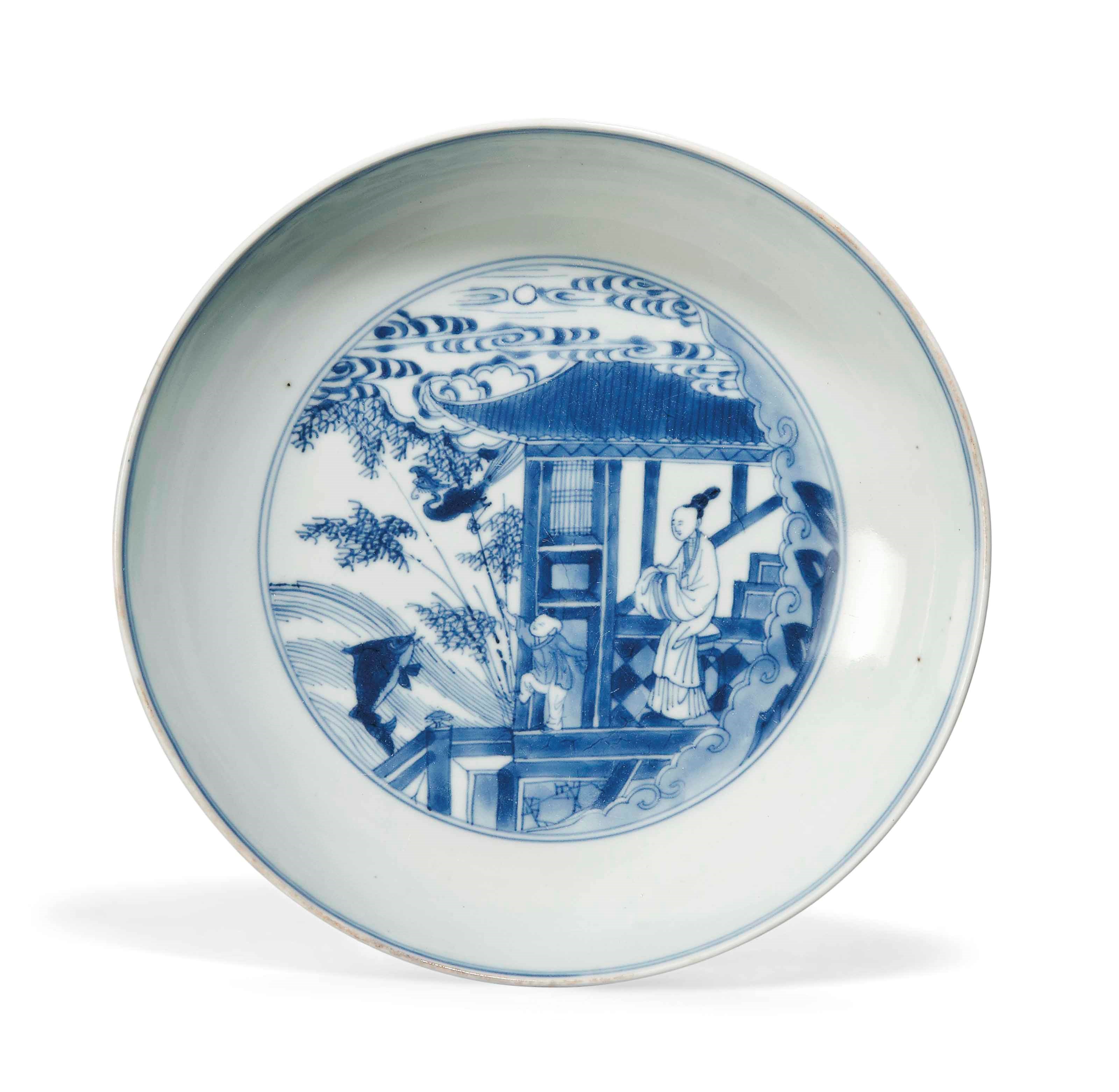 A BLUE AND WHITE 'PAVILION' DISH