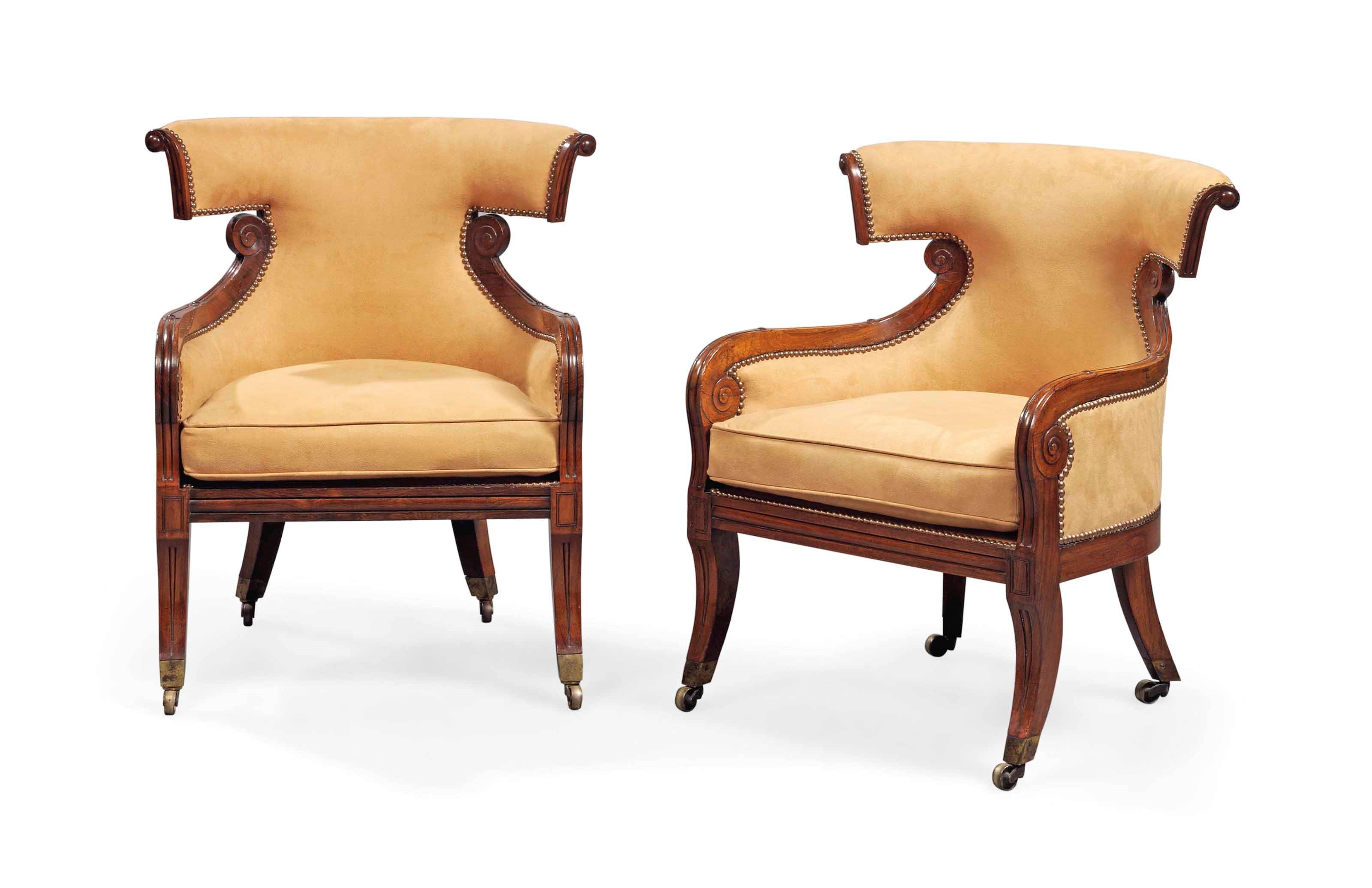 A MATCHED PAIR OF REGENCY ROSEWOOD TUB BERGERES