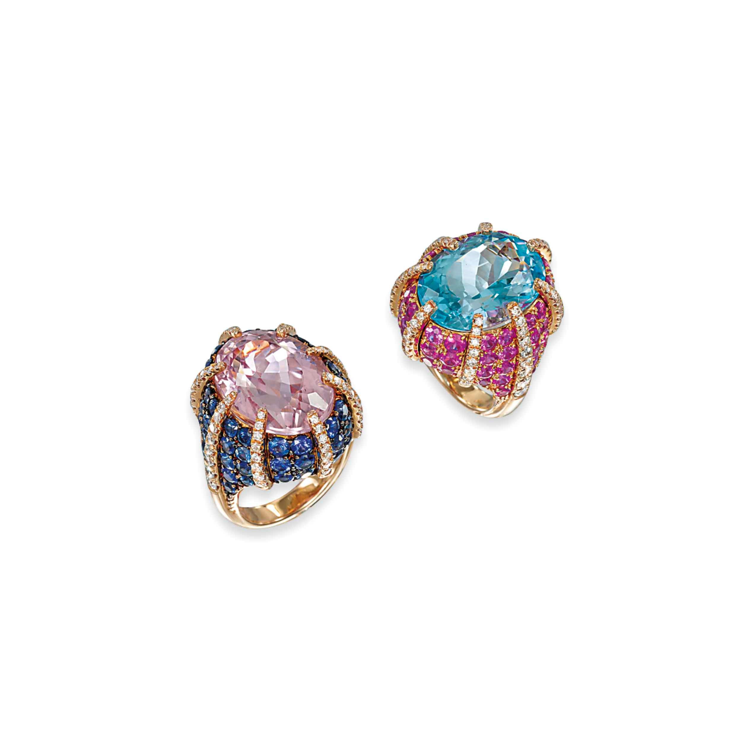 TWO GEM-SET AND DIAMOND COCKTAIL RINGS, BY FARAONE