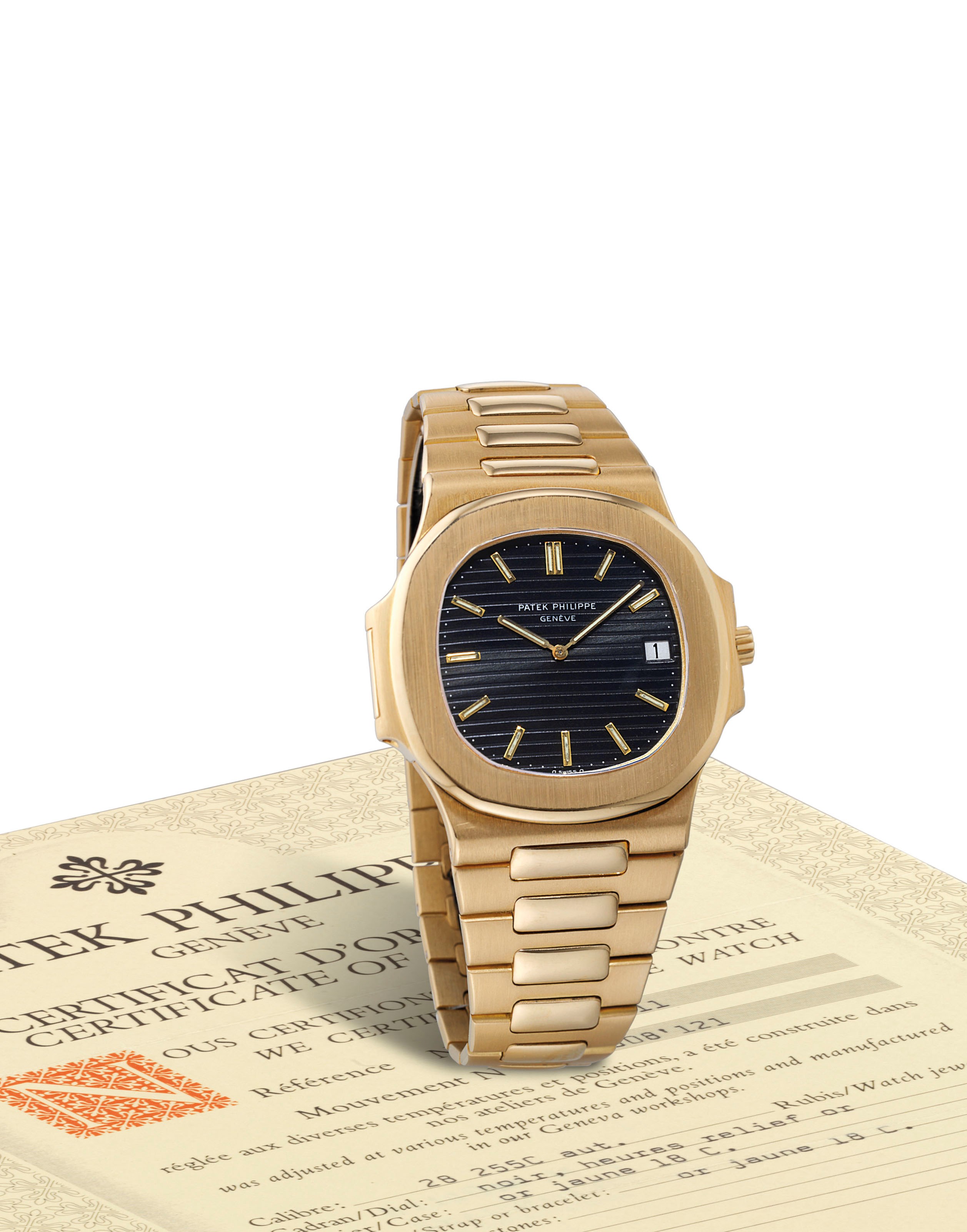 PATEK PHILIPPE. A FINE, LARGE AND RARE 18K GOLD AUTOMATIC BRACELET WATCH WITH DATE AND ORIGINAL CERTIFICATE