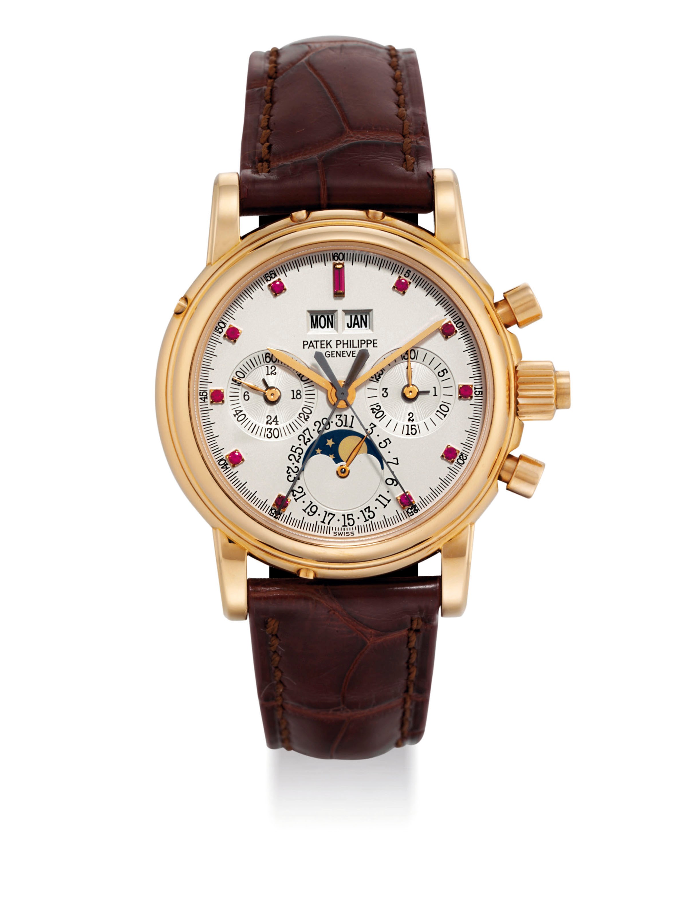 PATEK PHILIPPE. A VERY RARE 18K PINK GOLD PERPETUAL CALENDAR SPLIT SECONDS CHRONOGRAPH WRISTWATCH WITH UNUSUAL RUBY-SET DIAL, MOON PHASES, 24 HOUR AND LEAP YEAR INDICATION, ORIGINAL CERTIFICATE AND ADDITIONAL CASE BACK