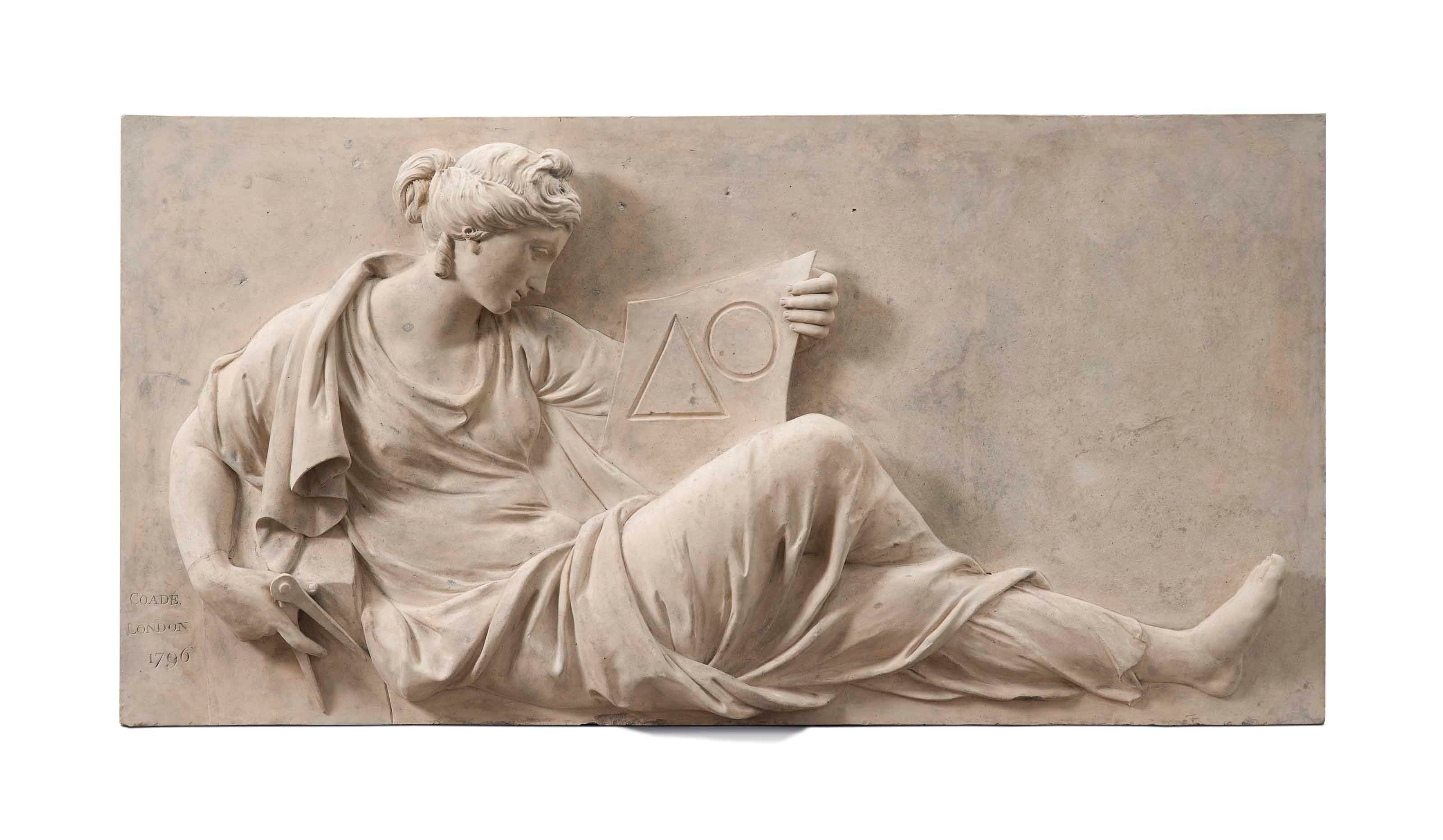 A GEORGE III ARTIFICIAL 'COADE' STONE PLAQUE REPRESENTING ARCHITECTURE
