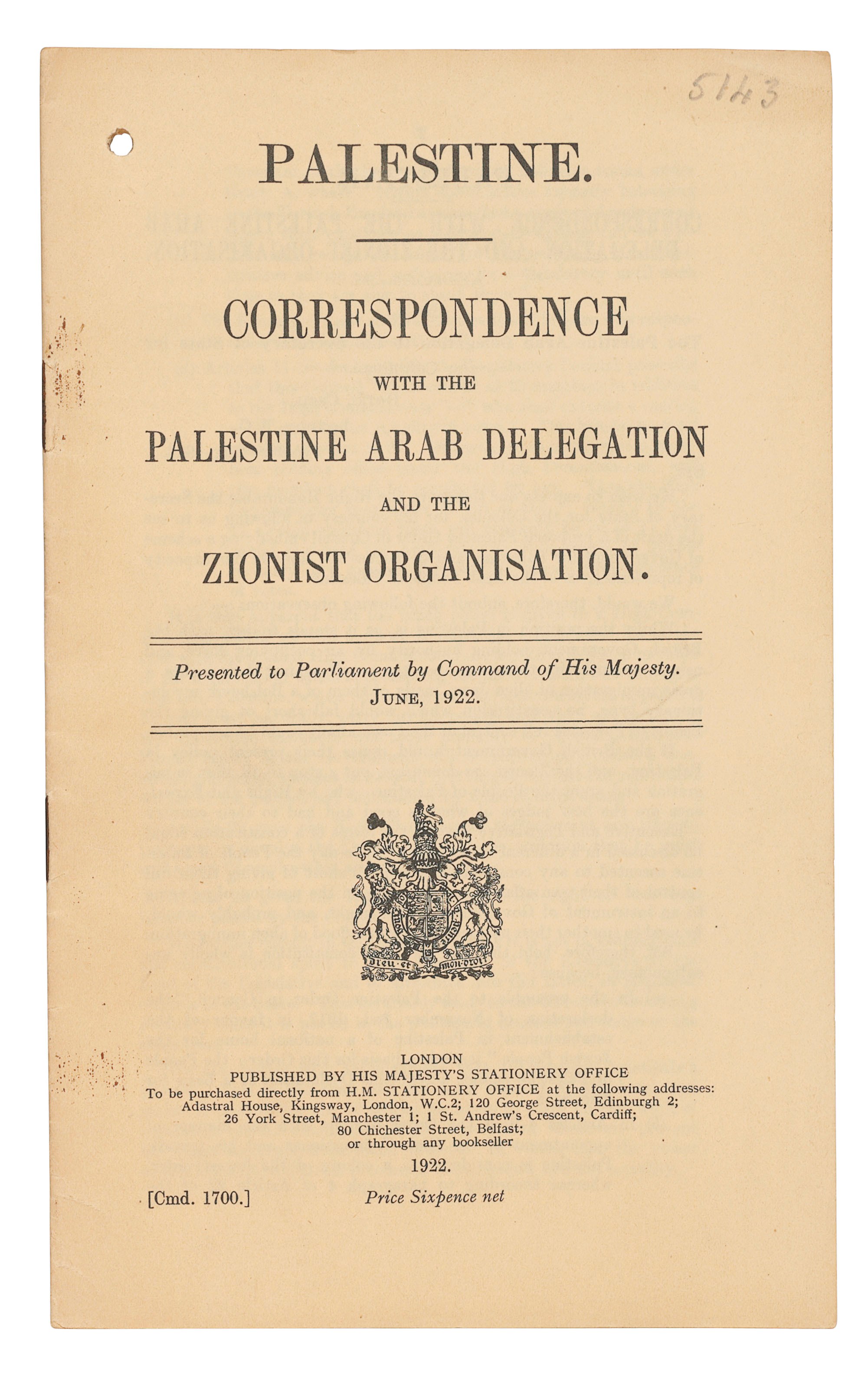 PALESTINE -- THE CHURCHILL WHITEPAPER -- Palestine. Correspondence with the Palestine Arab Delegation and the Zionist Organisation. [Cmd. 1700.] London: HMSO, 1922. 8° (246 x 152mm). 32 pp, verso of final leaf blank. (Single hole punch to margin, paper very lightly toned.) Self-wrappers, stapled as issued (staples rusting). Provenance: ?filing number in pencil to upper margin front wrapper.