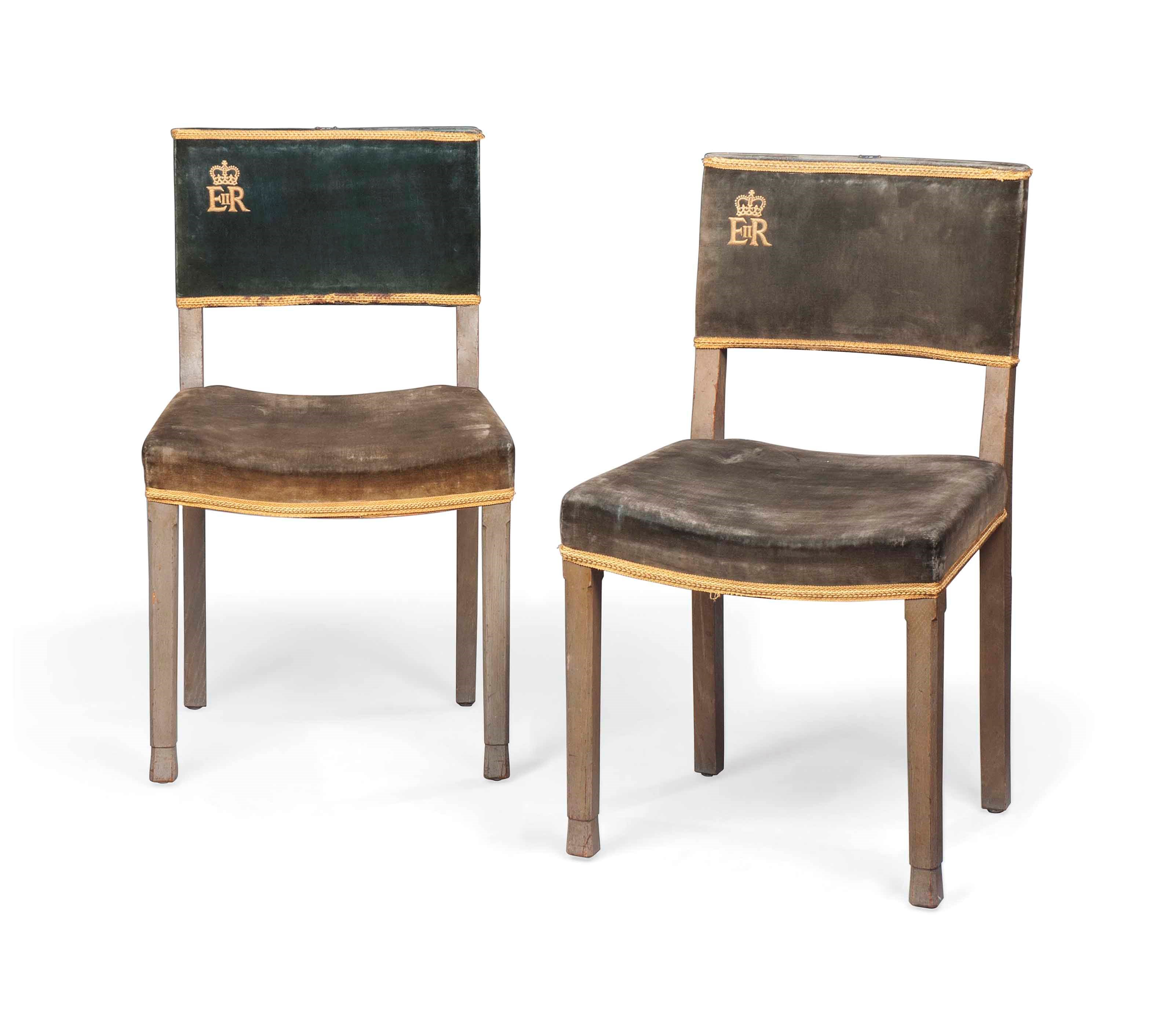 A PAIR OF ELIZABETH II LIMED OAK CORONATION CHAIRS