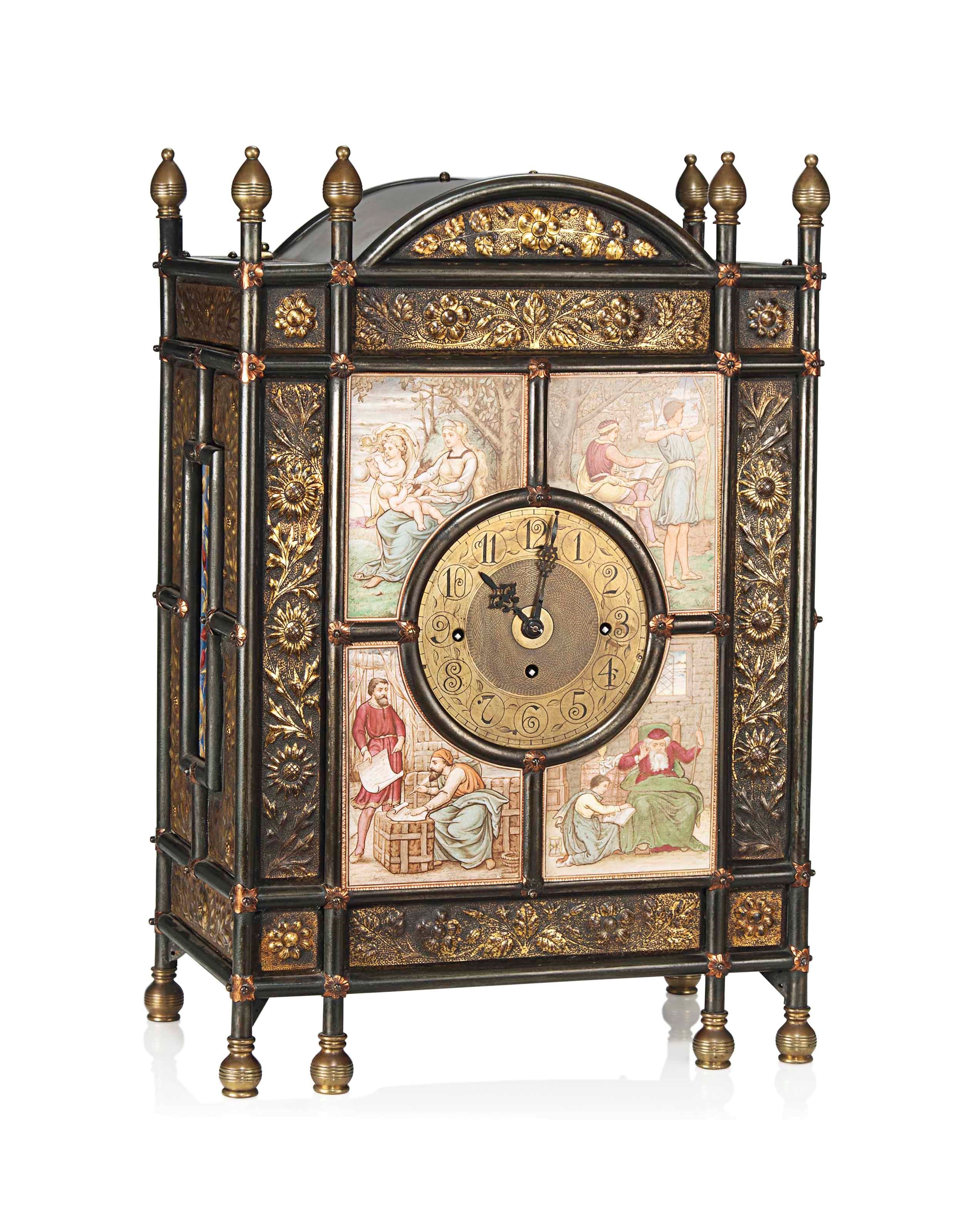 A LARGE  TUBULAR METAL, PAINTED TILE AND EMBOSSED BRASS  AESTHETIC MOVEMENT MANTLE CLOCK