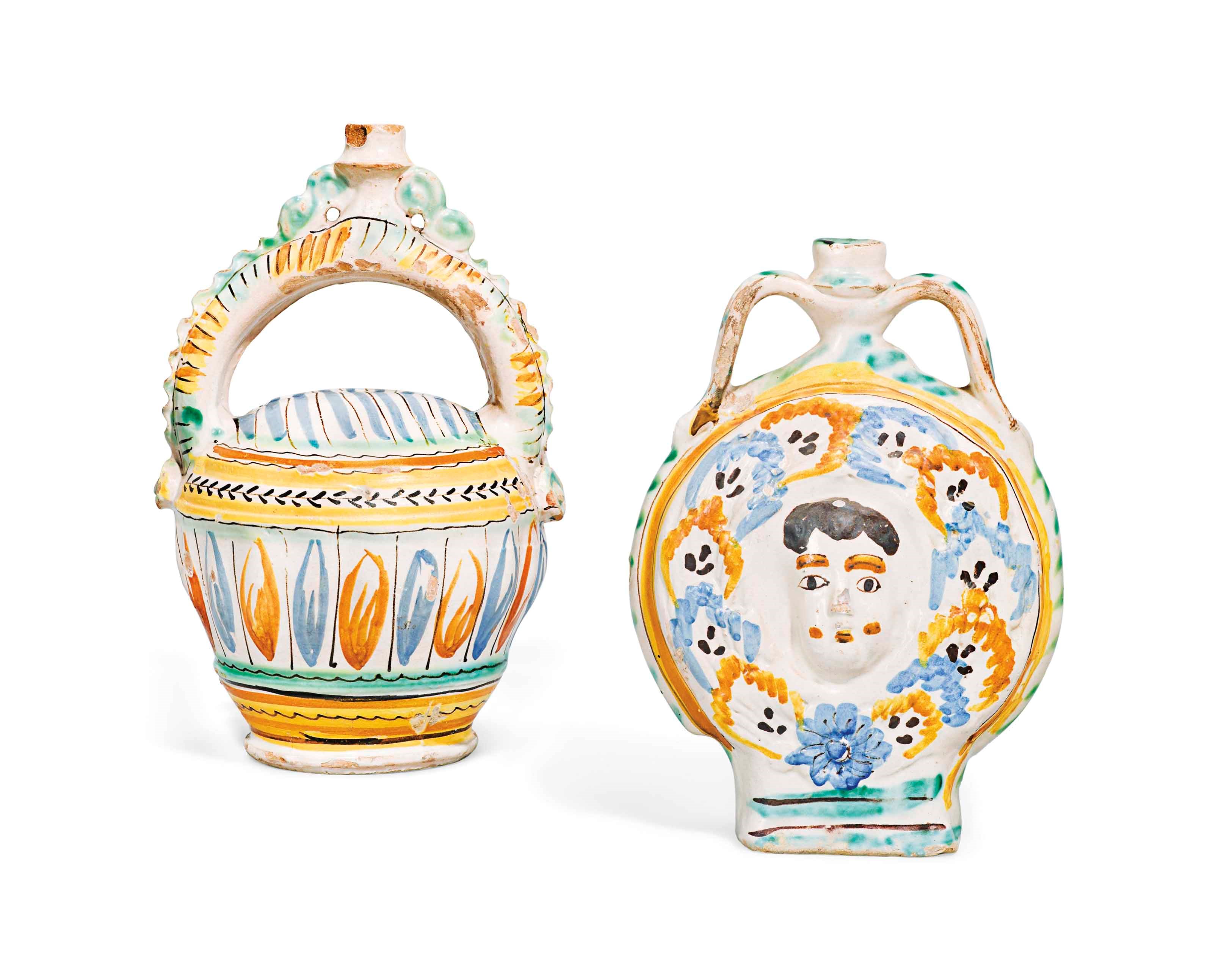 AN ITALIAN MAIOLICA TWO-HANDLED FLASK AND A VESSEL