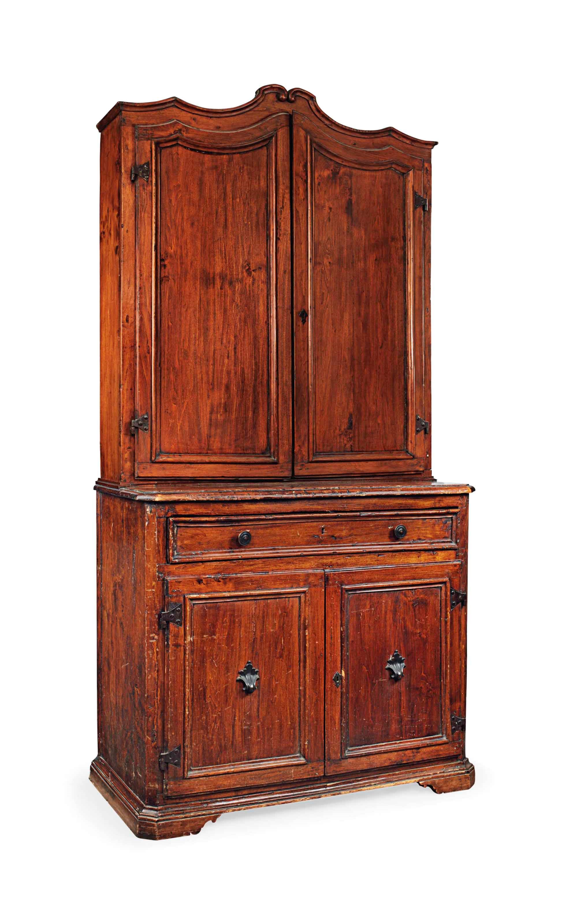 A NORTH ITALIAN WALNUT AND STAINED WALNUT BUREAU CABINET