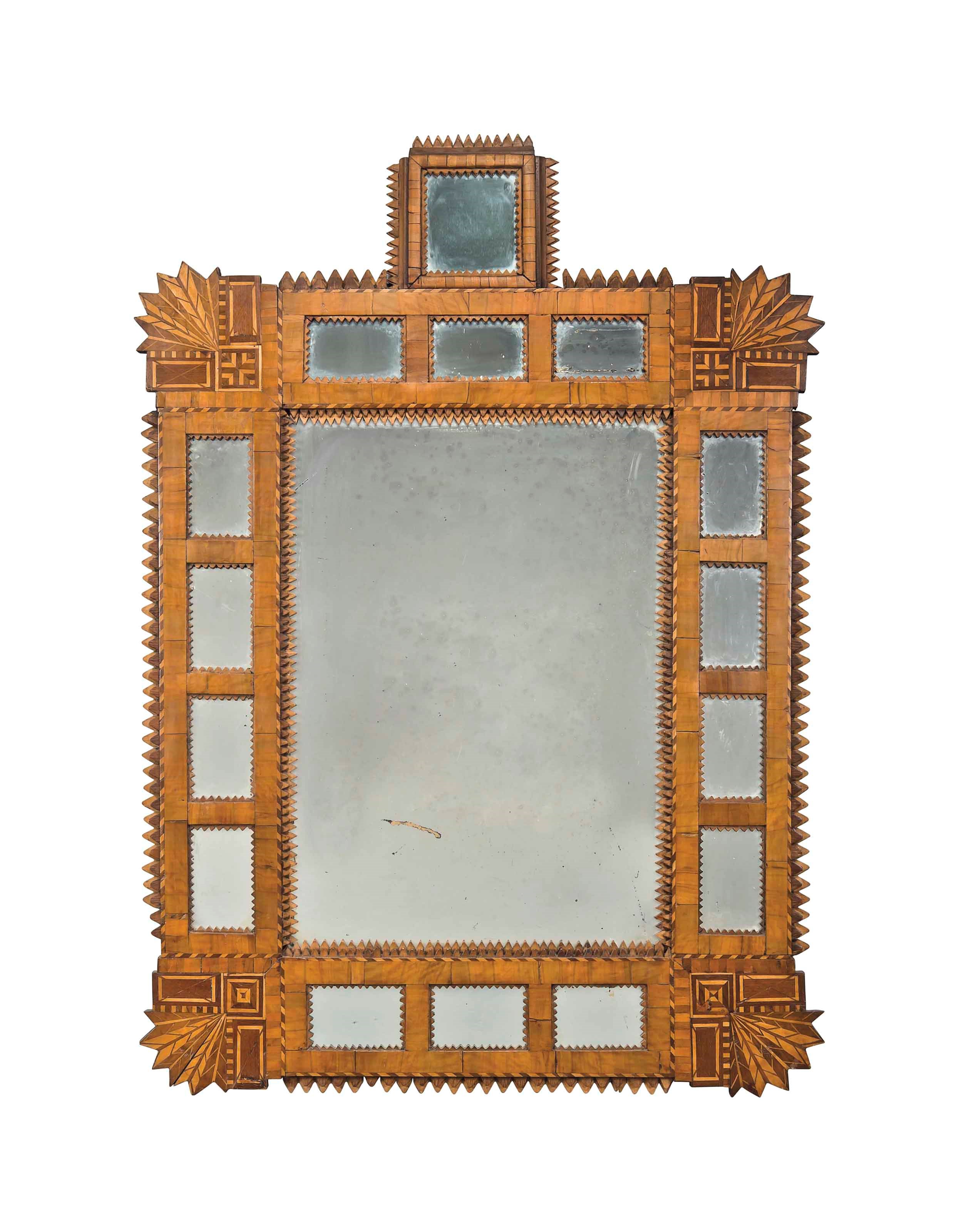 AN AUSTRO-HUNGARIAN WALNUT AND PARQUETRY MIRROR