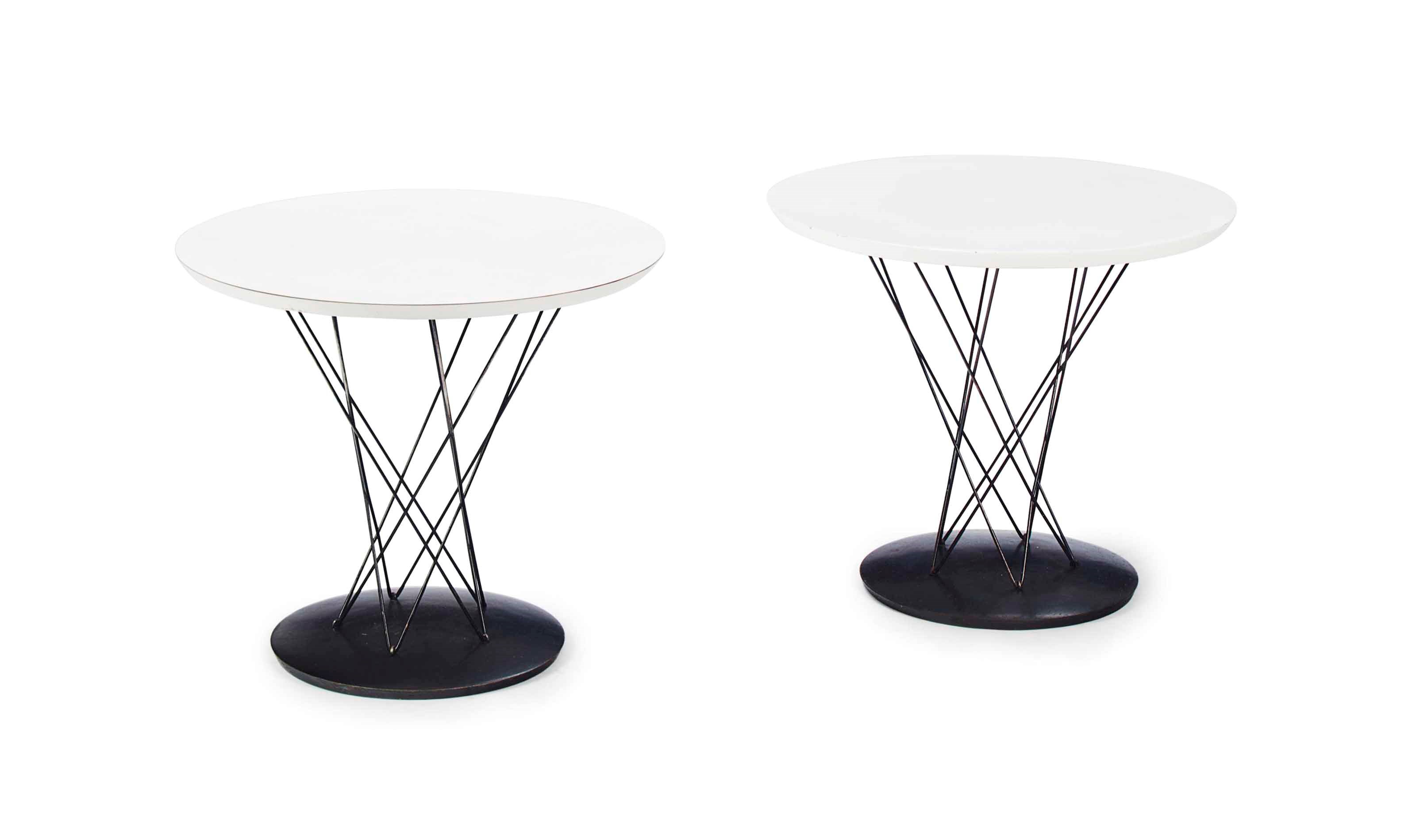 A PAIR OF LAMINATED PLYWOOD, STEEL AND CAST-IRON 'CYCLONE' SIDE TABLES,