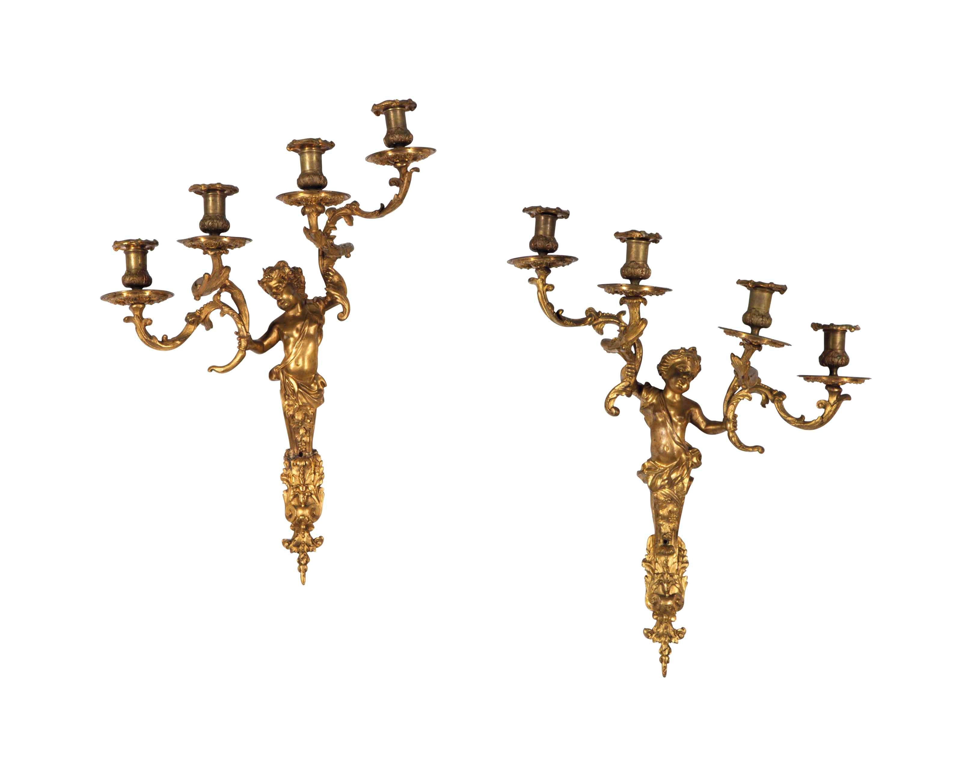 A PAIR OF REGENCE STYLE GILT METAL FOUR-LIGHT WALL LIGHTS,