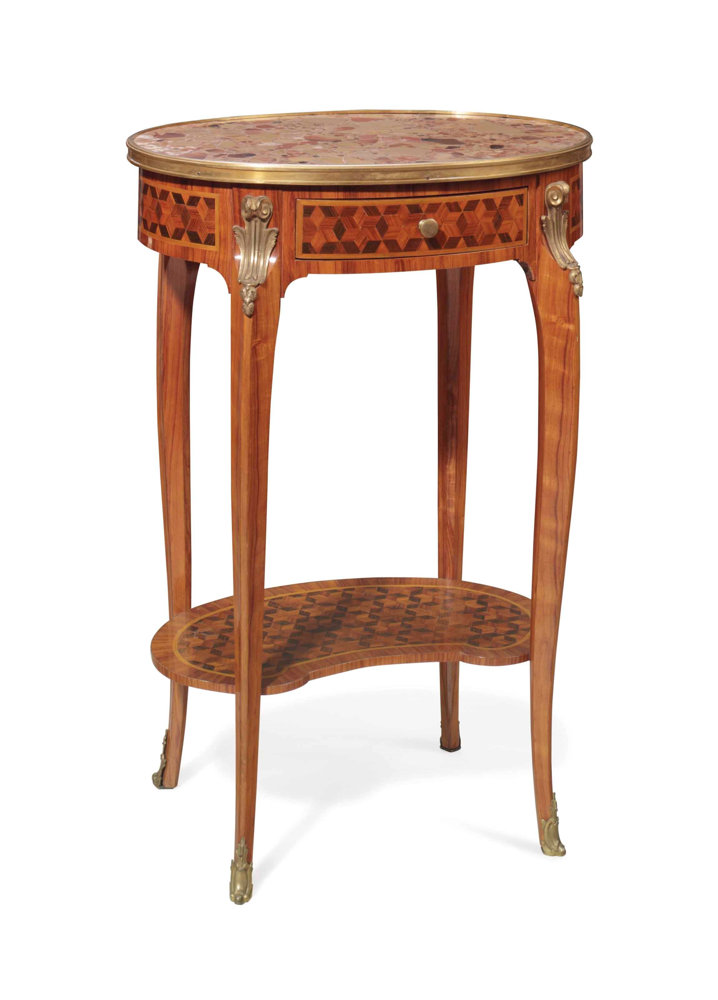 A FRENCH ORMOLU-MOUNTED TULIPWOOD, AMARANTH AND PARQUETRY MARBLE-TOP OCCASIONAL TABLE,