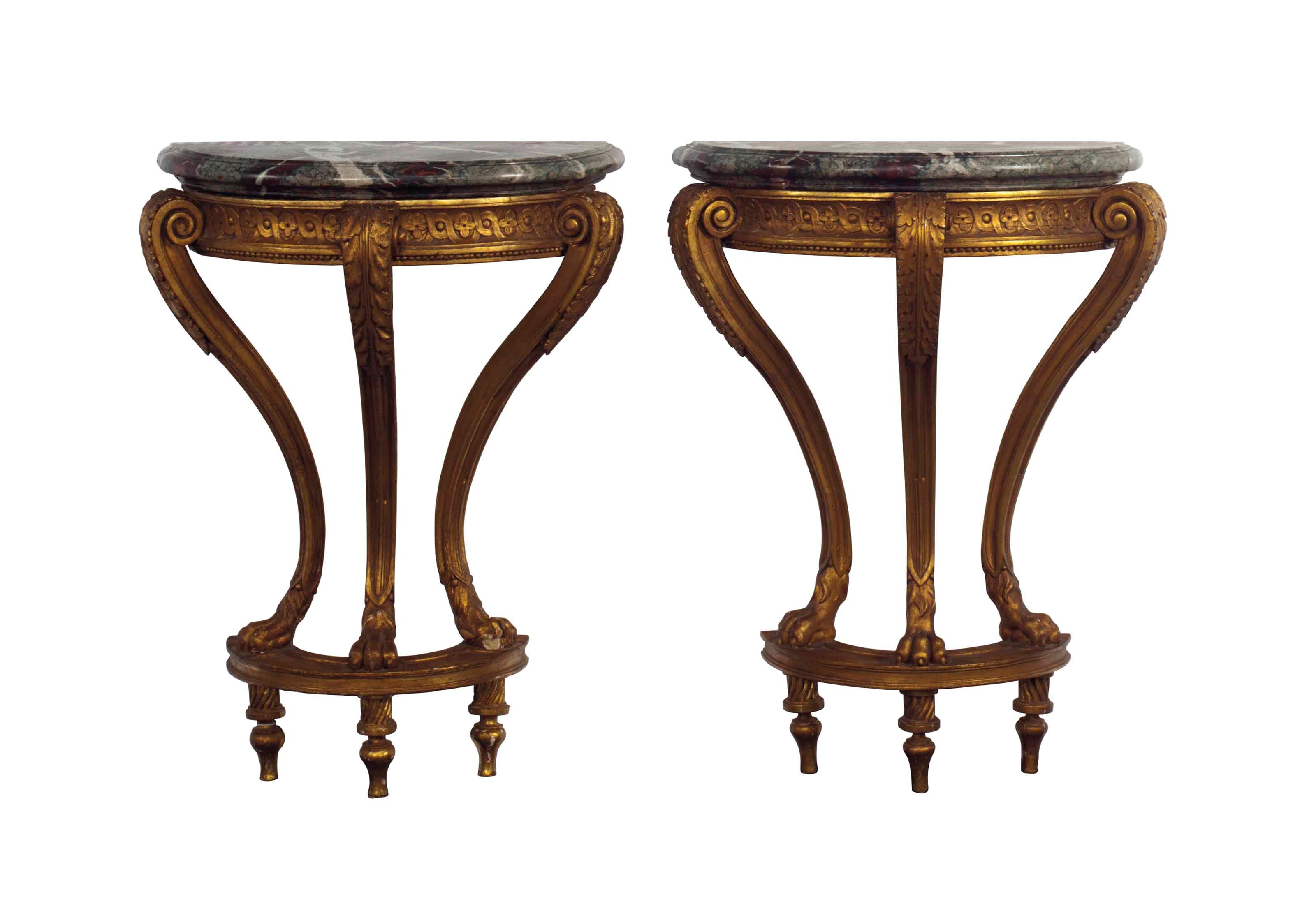 A PAIR OF LOUIS XVI STYLE CARVED GILTWOOD MARBLE-TOP CONSOLE TABLES,