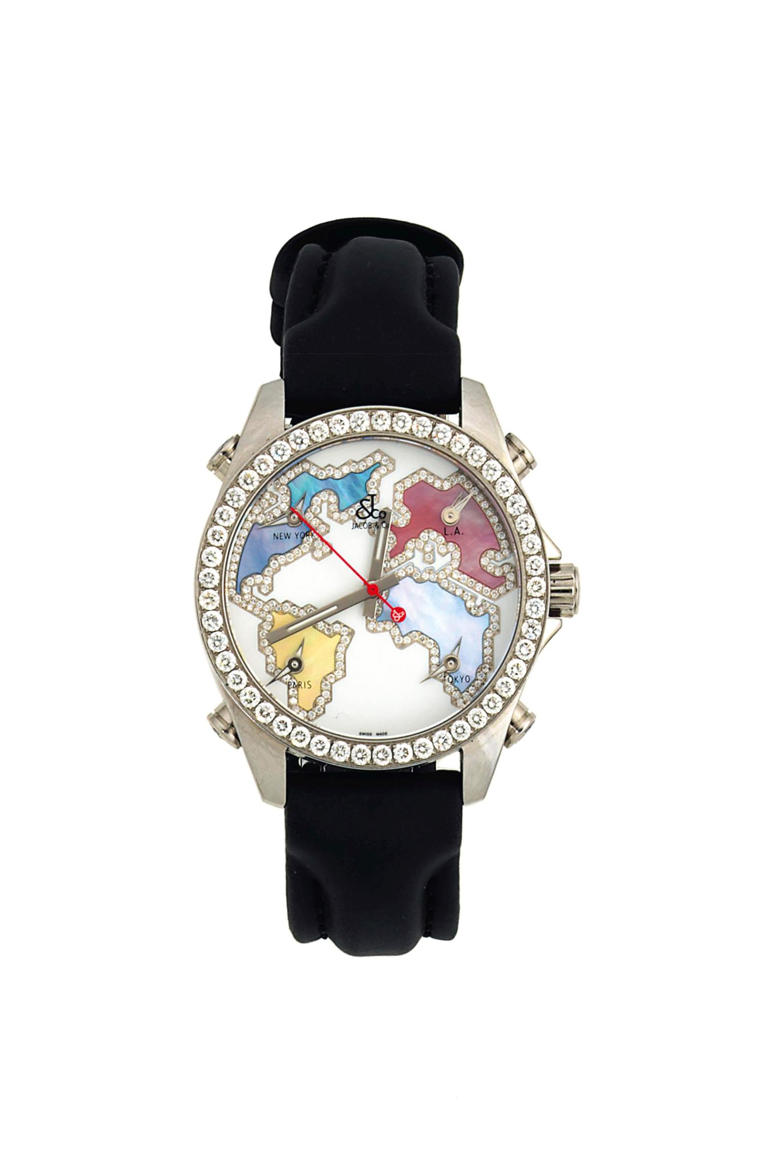 A diamond-set stainless steel five time zone quartz wristwatch, by Jacob & Co.