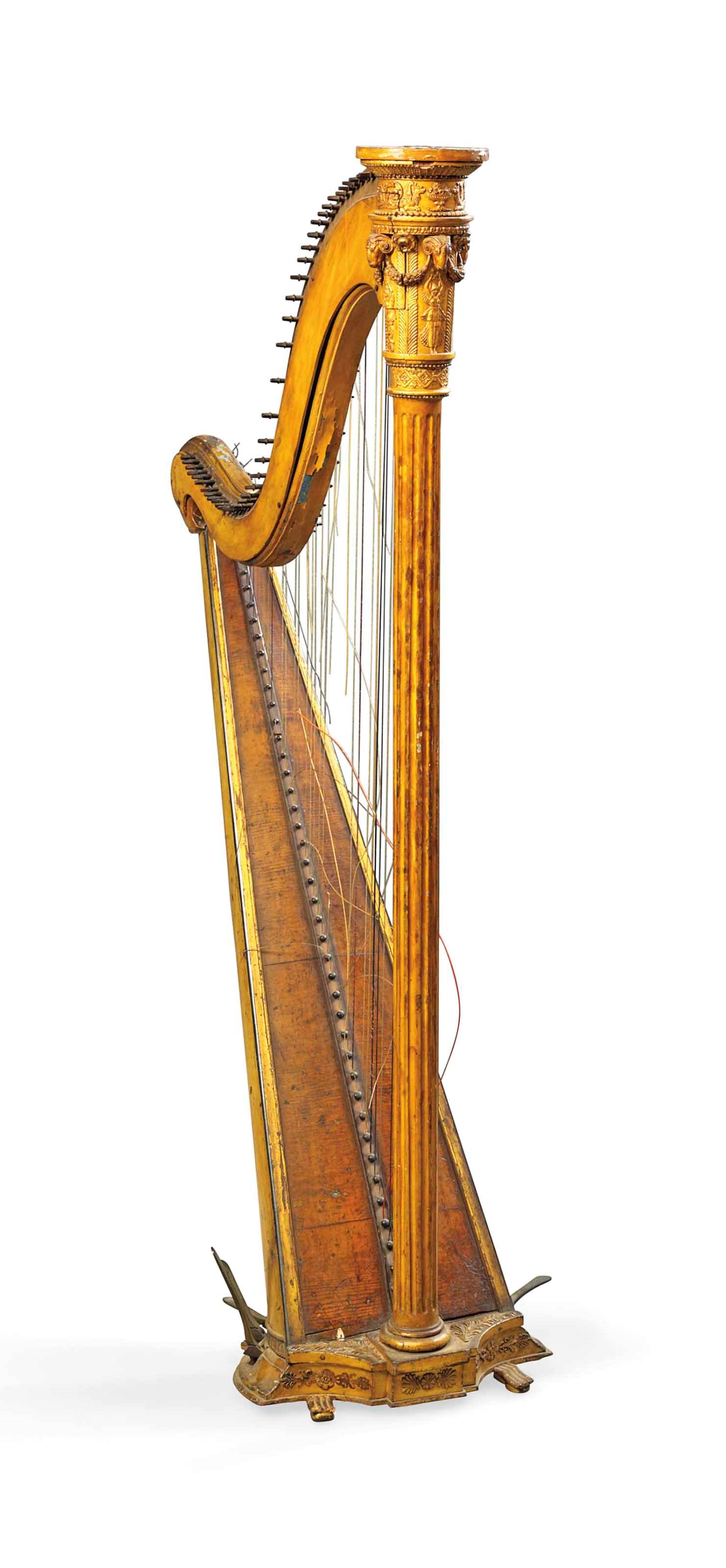 A REGENCY PARCEL-GILT, EBONISED, GRAINED AND PINE SINGLE-ACTION HARP