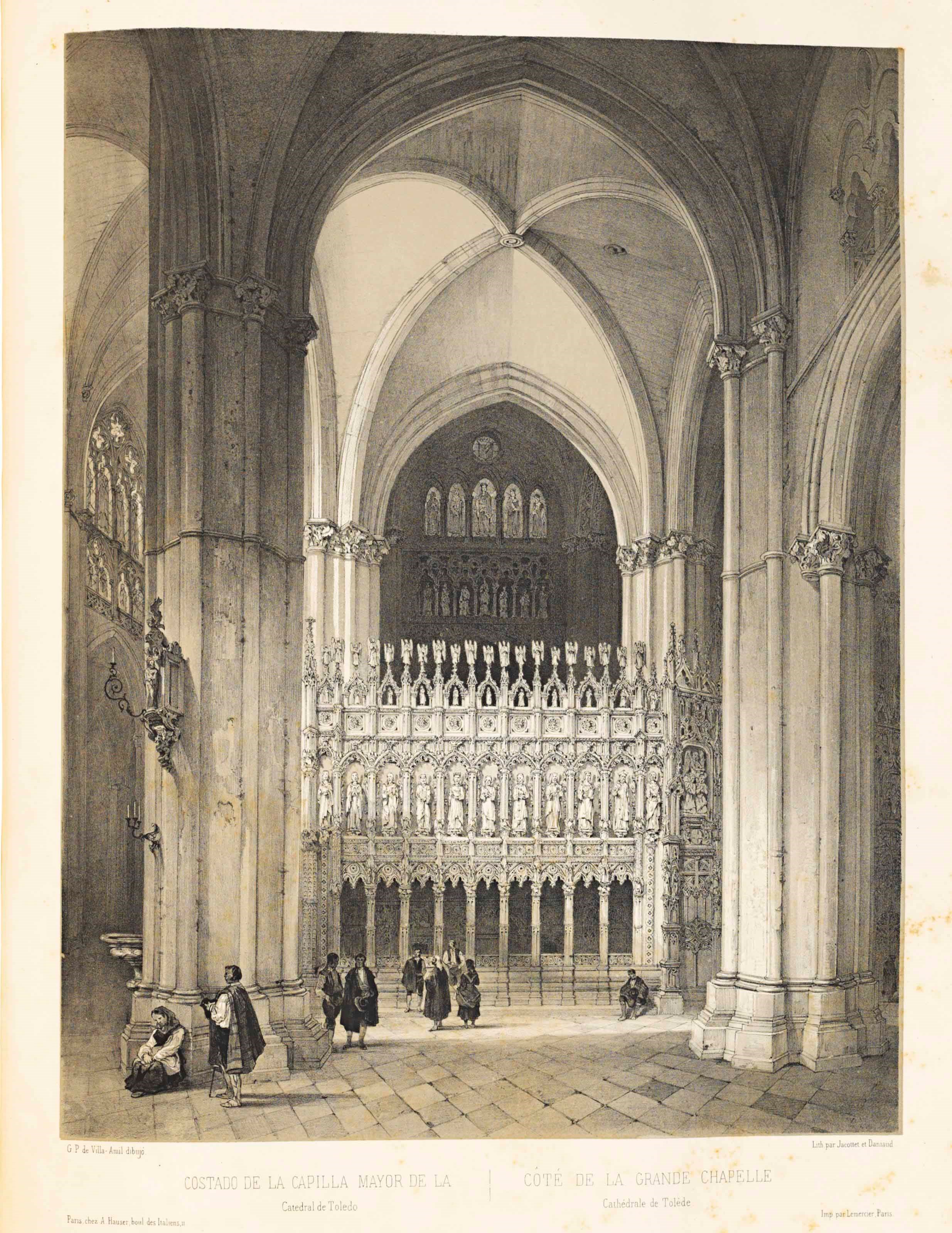 PEREZ DE VILLAAMIL, Genaro (1807-1854). España artistica y monumental: vistas y descripcion de los sitios y monumentos mas notables de España. Paris: Alberto Hauser, 1842-1850. 3 vols, 2° (570 x 405mm). Text printed in two columns, in Spanish and French, by Patricio de la Escosura. 143 tinted lithographic plates. (Occasional spotting mainly to text leaves in vols I and II.) Contemporary red half morocco, spines richly gilt in compartments with red and black morocco labels, all edges gilt (extremities rubbed). Provenance: MC (unidentified label to upper covers; bookplate).