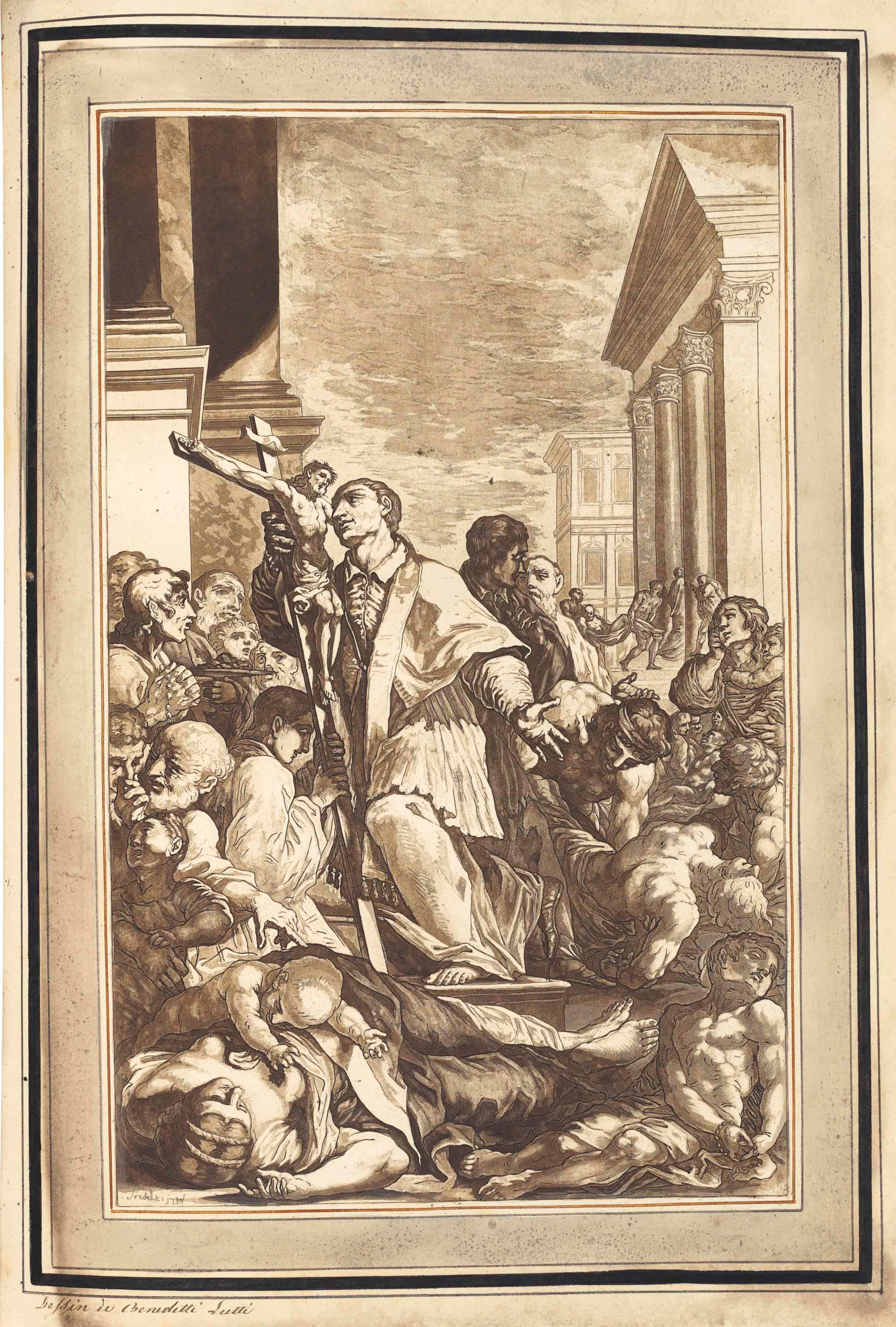 PRESTEL, Johann Gotlieb (1739-1808). Dessins des meilleurs Peintres des Pais-Bas, d'Allemagne et d'Italie; du Cabinet de Monsieur Gérard Joachim Schmidt. Vienna: Artaria, 1779. 2° (610 x 430mm). Engraved title within pen-and-ink oval border, and 30 aquatint and etched plates by Prestel, some printed in colour and some finished by hand, mounted on leaves with pen-and-ink and wash borders, some with manuscript captions. (Some discolouration and soiling mainly in the blank margins, some spotting.) Original drab boards (worn, stained, and soiled).