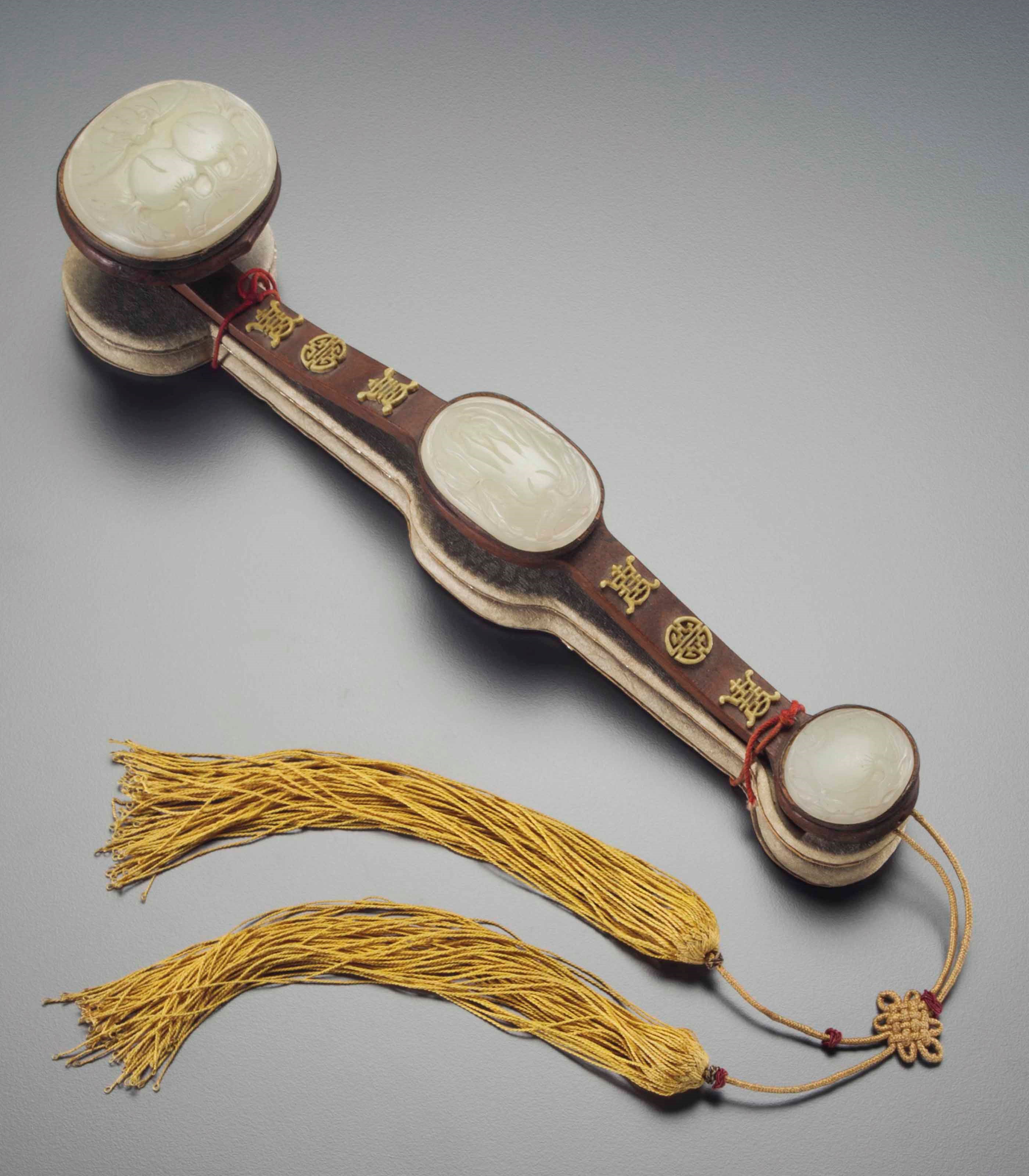 A JADE AND IVORY-INSET HARDWOOD RUYI SCEPTER
