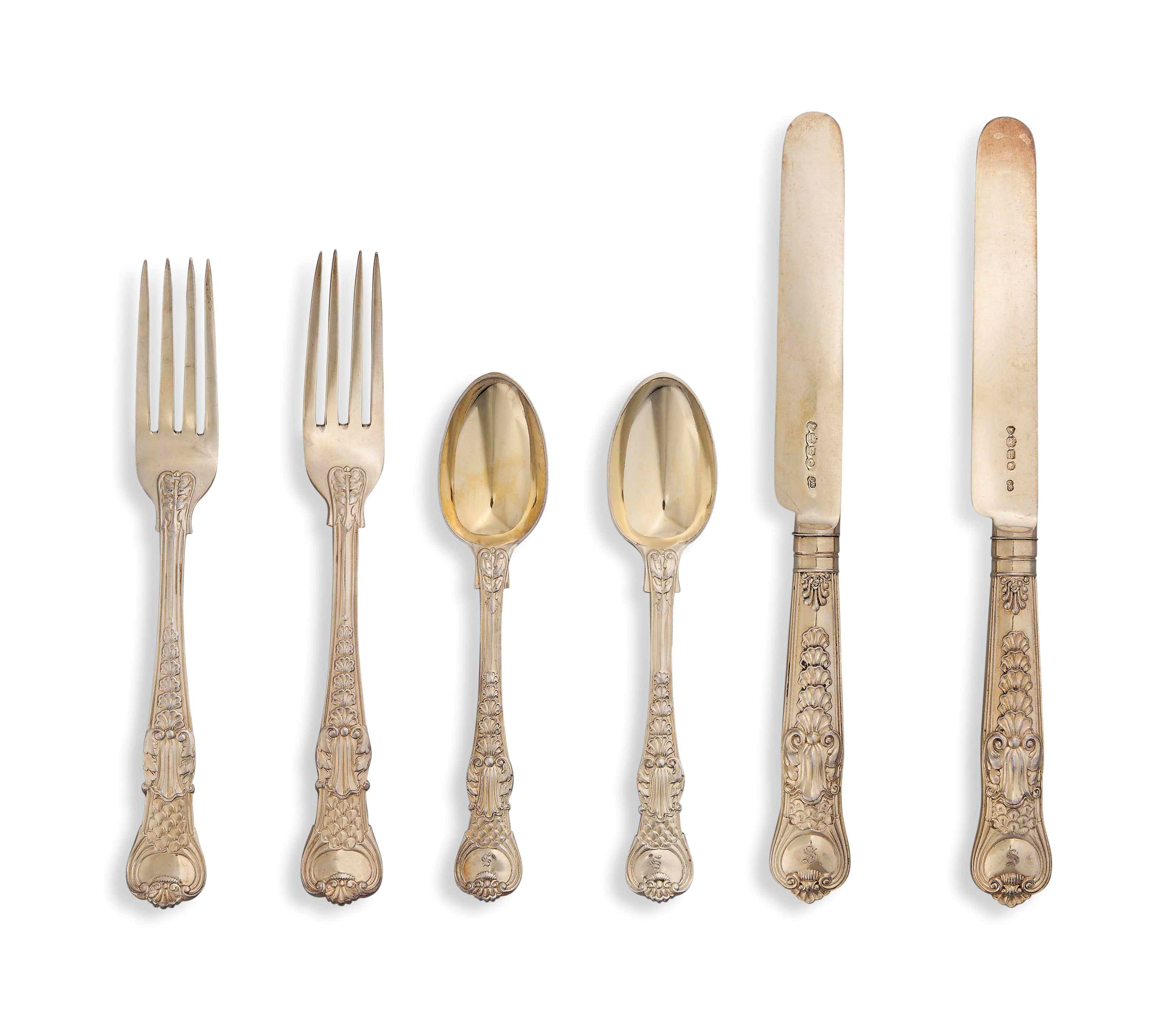 A VICTORIAN SILVER-GILT PART DESSERT SERVICE OF COBURG PATTERN