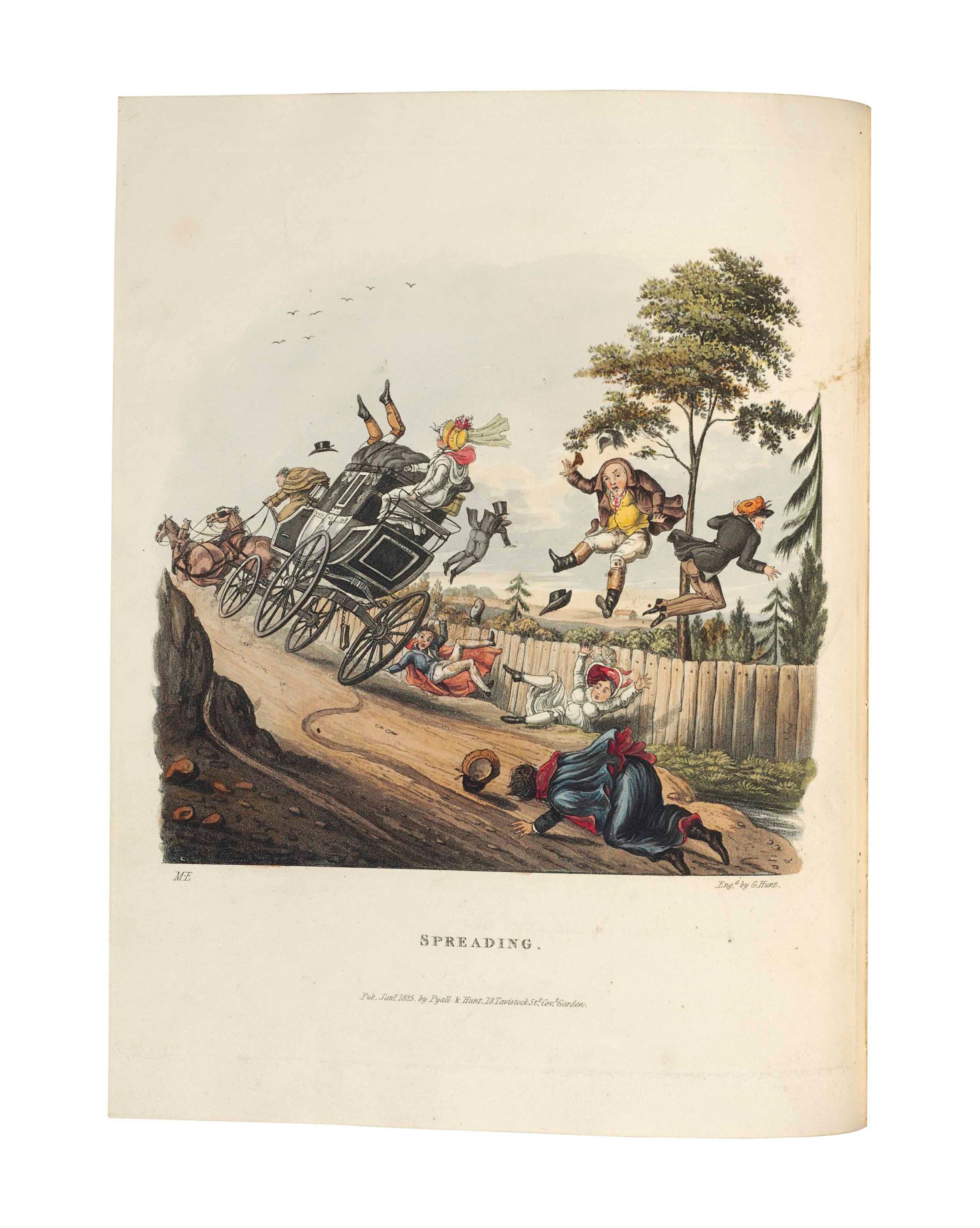 [EGERTON, Michael]. Airy Nothings...by Olio Rigmaroll. London: Pyall and Hunt, 1825. 4° (272 x 210mm). 23 hand-coloured aquatint plates by G. Hunt after the author. (Text with light spotting and light offsetting from the plates, occasional light soiling.) Late 19th-century red half roan, spine gilt in compartments, edges gilt (extremities rubbed, one corner scuffed).