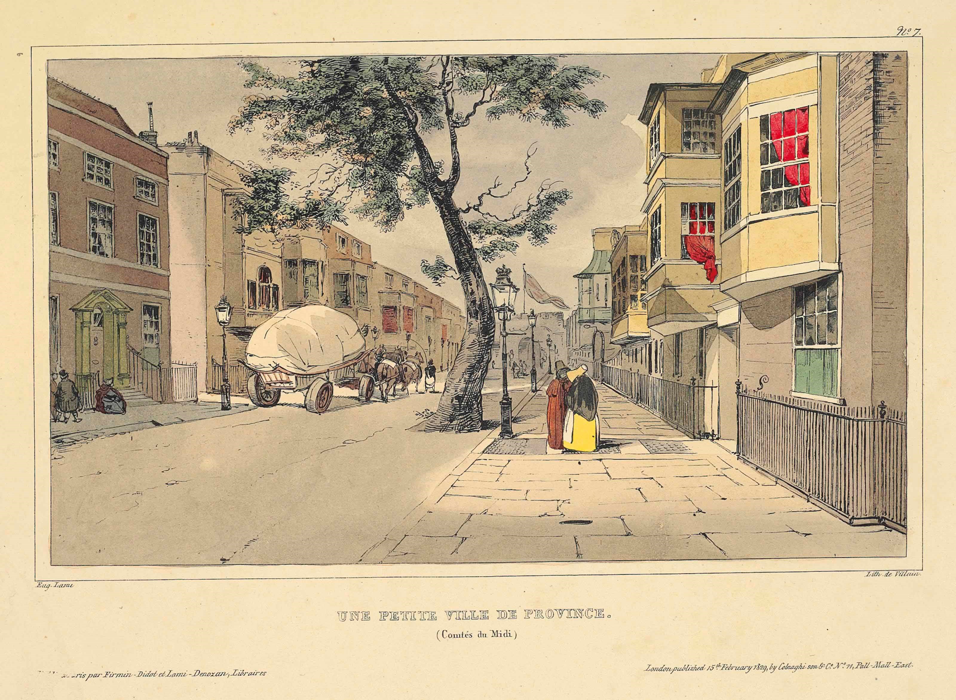 LAMI, Eugène (1800-1890) and Henri MONNIER (1799-1877). Voyage en Angleterre. Paris and London: Firmin Didot and Lami-Denozan, and Colnaghi, 1829-1830. 2° (427 x 290mm). Prospectus, in French, bound in; captions leaves in French. 24 hand-coloured lithographed plates by Villain after Lami and Monnier. (Text leaves spotted, plates lightly browned and with some mostly marginal spotting.) Blue half morocco by Riviere and Son, one front part wrapper bound in (wrapper heavily browned). Provenance: David Lionel Goldsmid-Stern-Salomons (1851-1925, baronet, mechanic; bookplate).