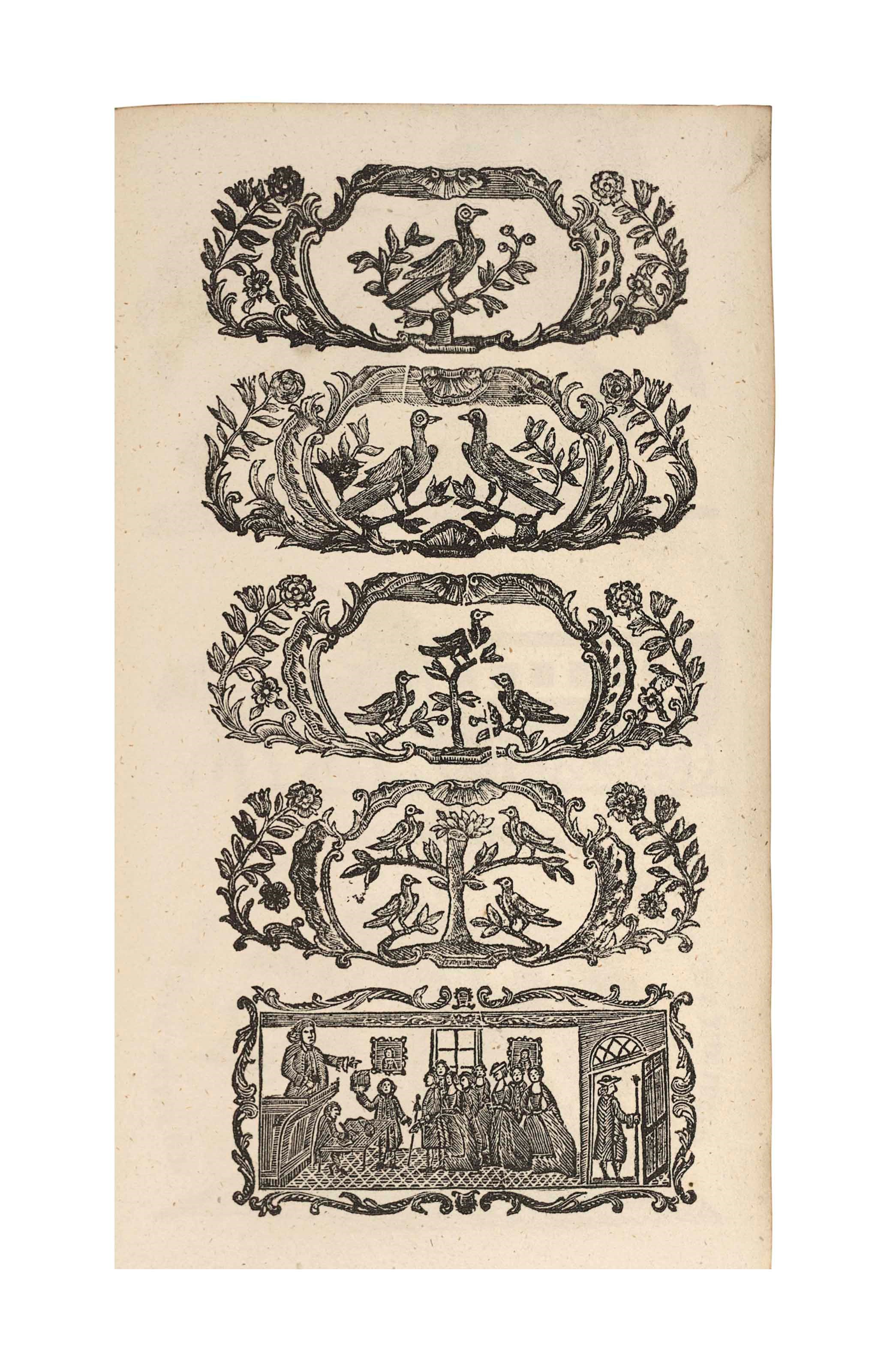 REYNELL, Henry (fl. 1785-1811). A Specimen of the Printing Types, Flowers, Borders, Wood Cuts, etc. used by .... [London]: 1798. 8° (203 x 115mm). 45pp. with type specimens and woodcut illustrations throughout. 2 folding plates, one letterpress, one woodcut, at end. (Woodcut plate laid down and with 130mm. tear affecting image.) Modern calf-backed mottled boards.