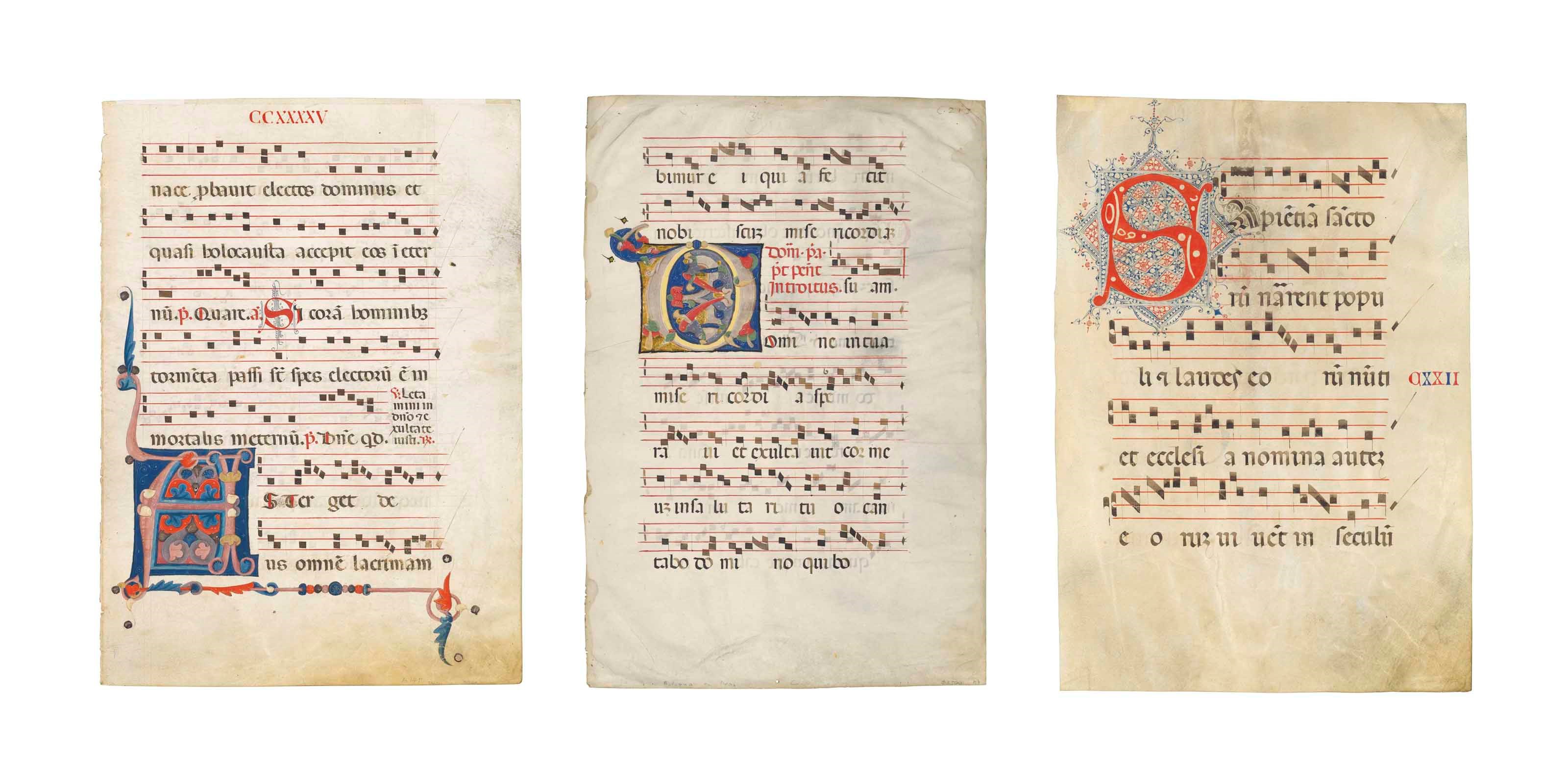 A COLLECTION OF CHOIRBOOK LEAVES, in Latin, DECORATED MANUSCRIPTS ON VELLUM [15th Century]. 9 leaves, ranging in size from 503 x 373mm to 537 x 375mm, four to eight lines of text, all in formal gothic hands and with music of square notation on four line staves.