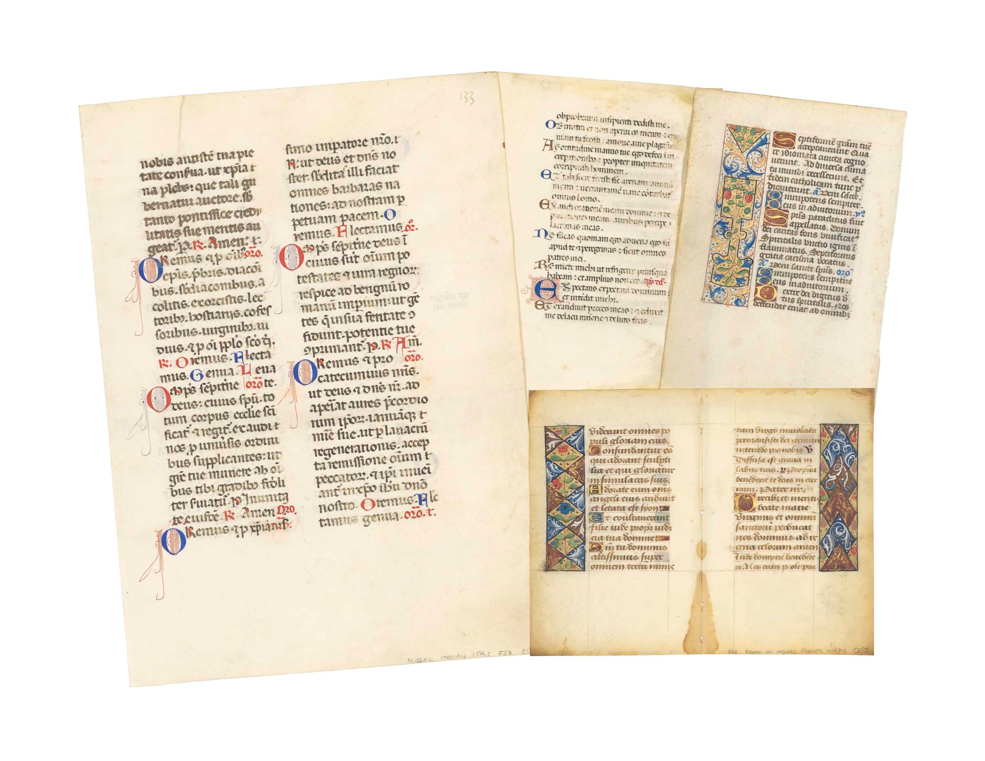A COLLECTION OF LEAVES FROM THREE BOOKS OF HOURS AND A MISSAL, in Latin, DECORATED AND ILLUMINATED MANUSCRIPTS ON VELLUM, [15th century]. A collection of 33 leaves from three Books of Hours and a missal, ranging in size from 150 x 98mm to 330 x 227mm, with between 15 and 27 lines of text.