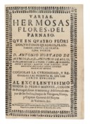 ARGENSOLA, Lupercio Leonardo (1559-1613) and Bartolomé Leonardo de ARGENSOLA (1562-1631). Rimas. Zaragoza: Hospital Real, 1634. 4° (199 x 140mm). [30], 502p. Woodcut borders. (Title with several closed tears affecting imprint, date with facsimile elements, occasional closed tears to text, marginal repairs sometimes affecting borders, without final blank.) Dark blue morocco gilt by Brugalla, 1946. FIRST EDITION of these original satires and translations from the Latin poets by the brothers Argensola. Brunet, I, 419; Salva 726; Palau 16101.