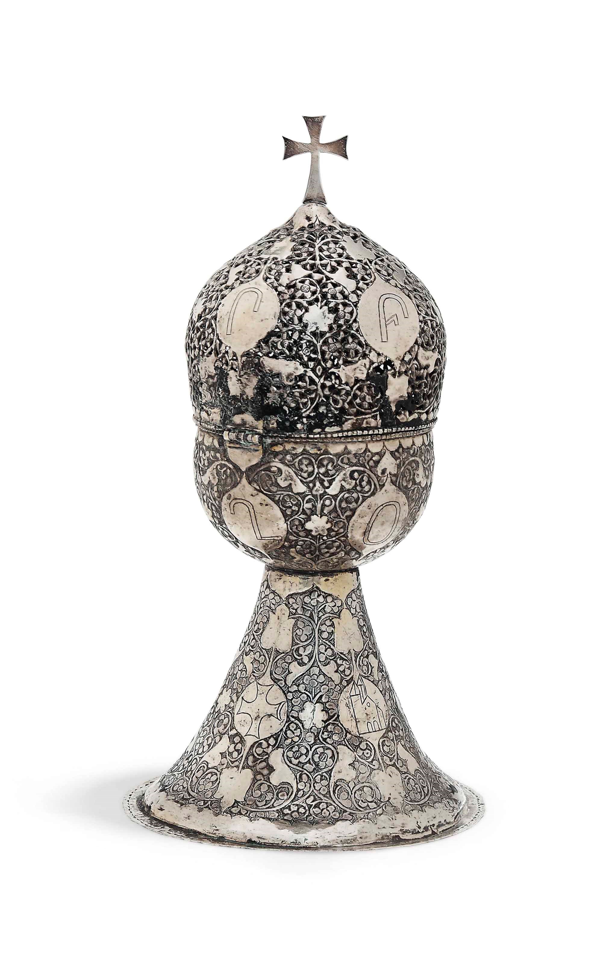 A LARGE ECCLESIASTICAL PARCEL-GILT SILVER INCENSE BURNER