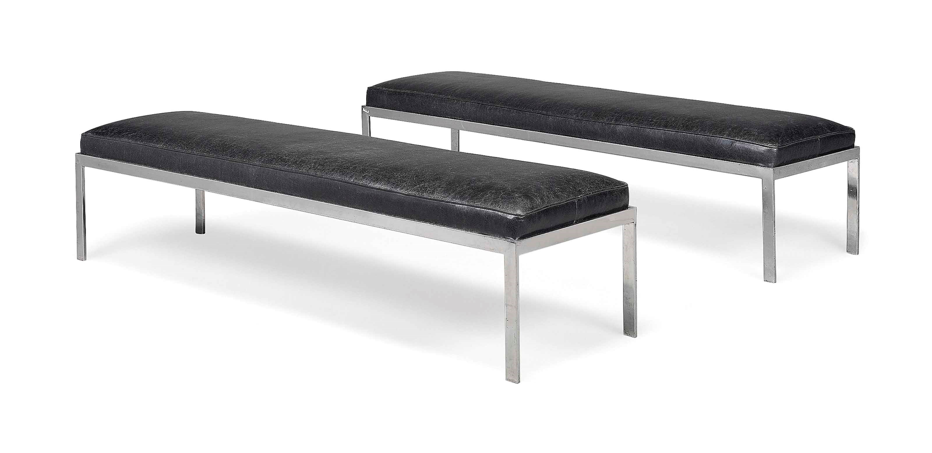 A PAIR OF NICKEL-PLATED HALL BENCHES