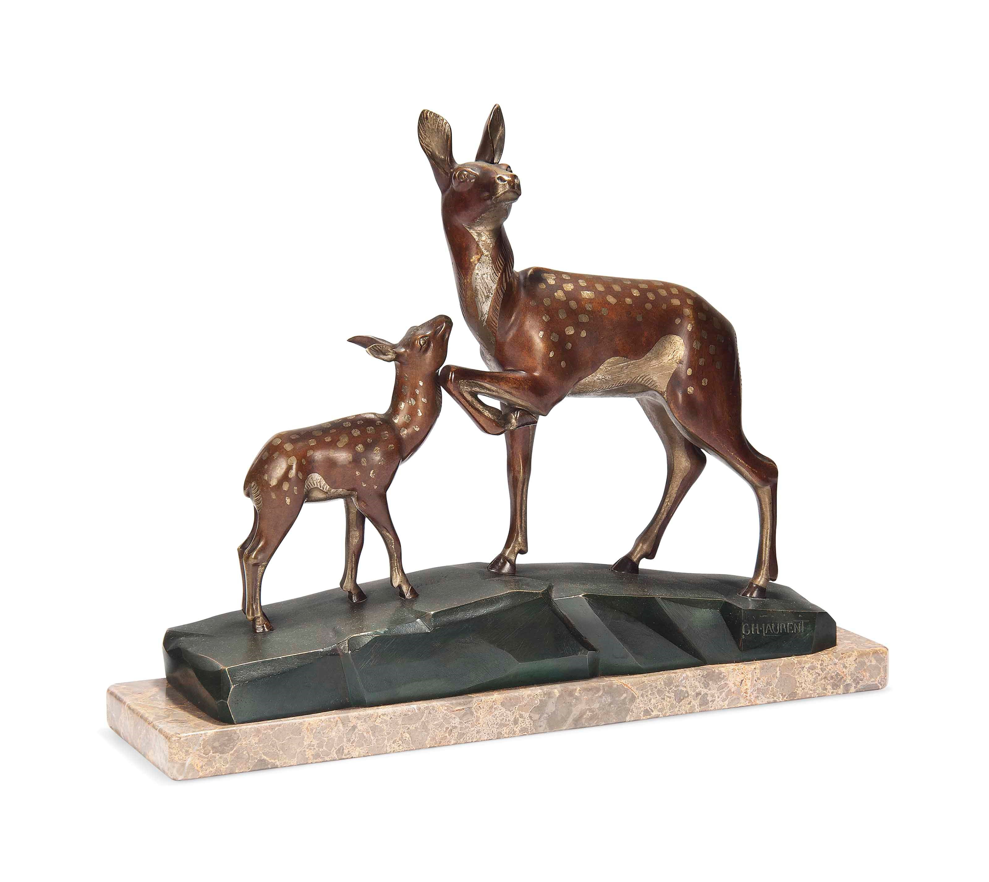 'DEER AND FAUN' A PATINATED AND COLD-PAINTED BRONZE GROUP BY G.H. LAURENT