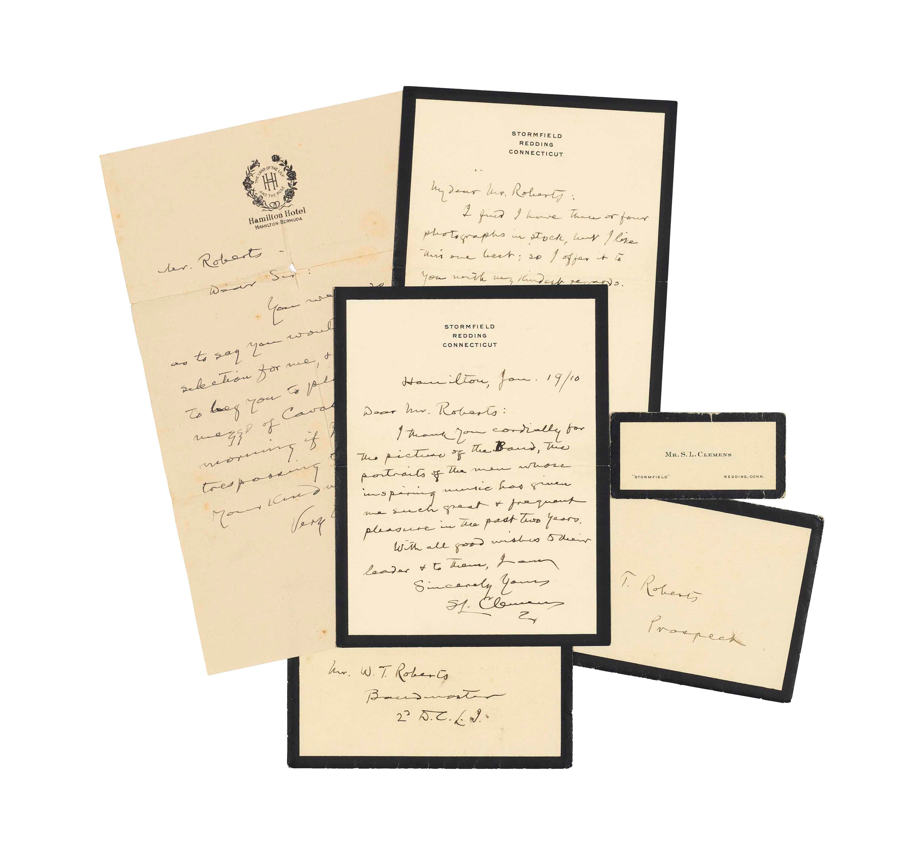 TWAIN, Mark (Samuel L. Clemens, 1835-1910). Three autograph letters signed ('S.L. Clemens') to W.T. Roberts, Hamilton, Bermuda, 15 and 19 January 1910 and n.d., three pages, 8vo, one on hotel paper, two on Clemens's 'Stormfield, Redding, Connecticut' paper, two with original envelopes; and Twain's visiting card, annotated in autograph on verso.