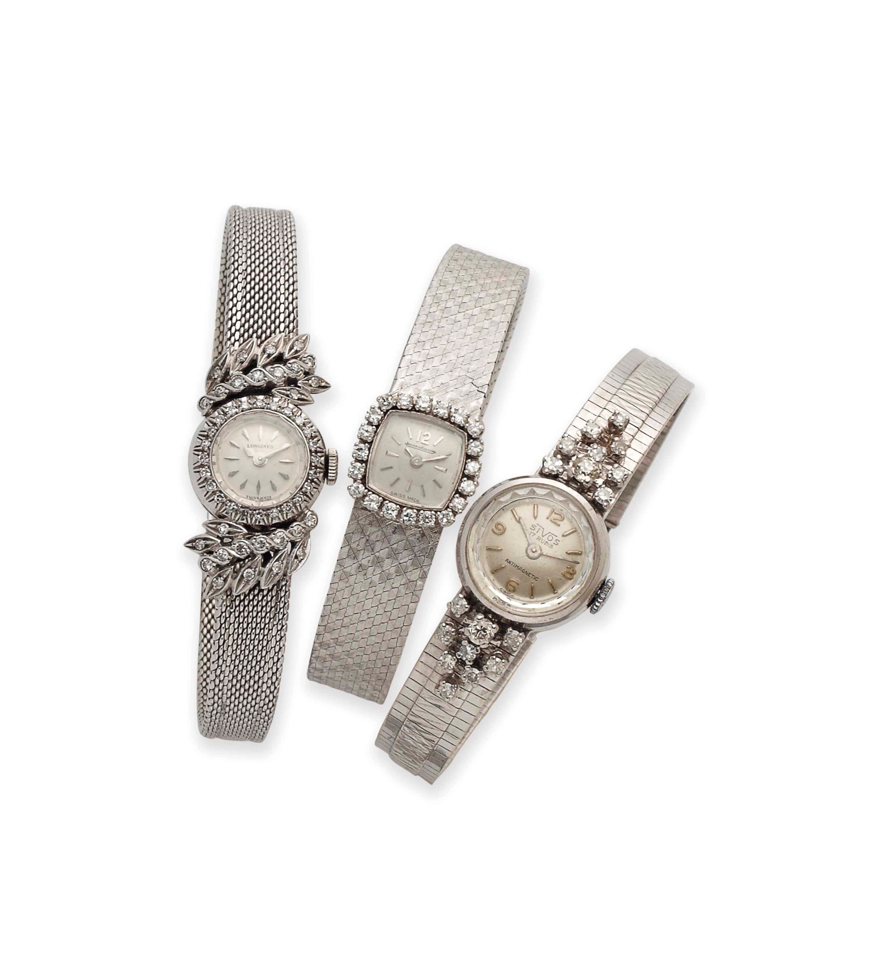 TROIS MONTRES BRACELET DE DAME DIAMANTS, PAR LONGINES, JAEGER LECOULTRE ET SIVOS