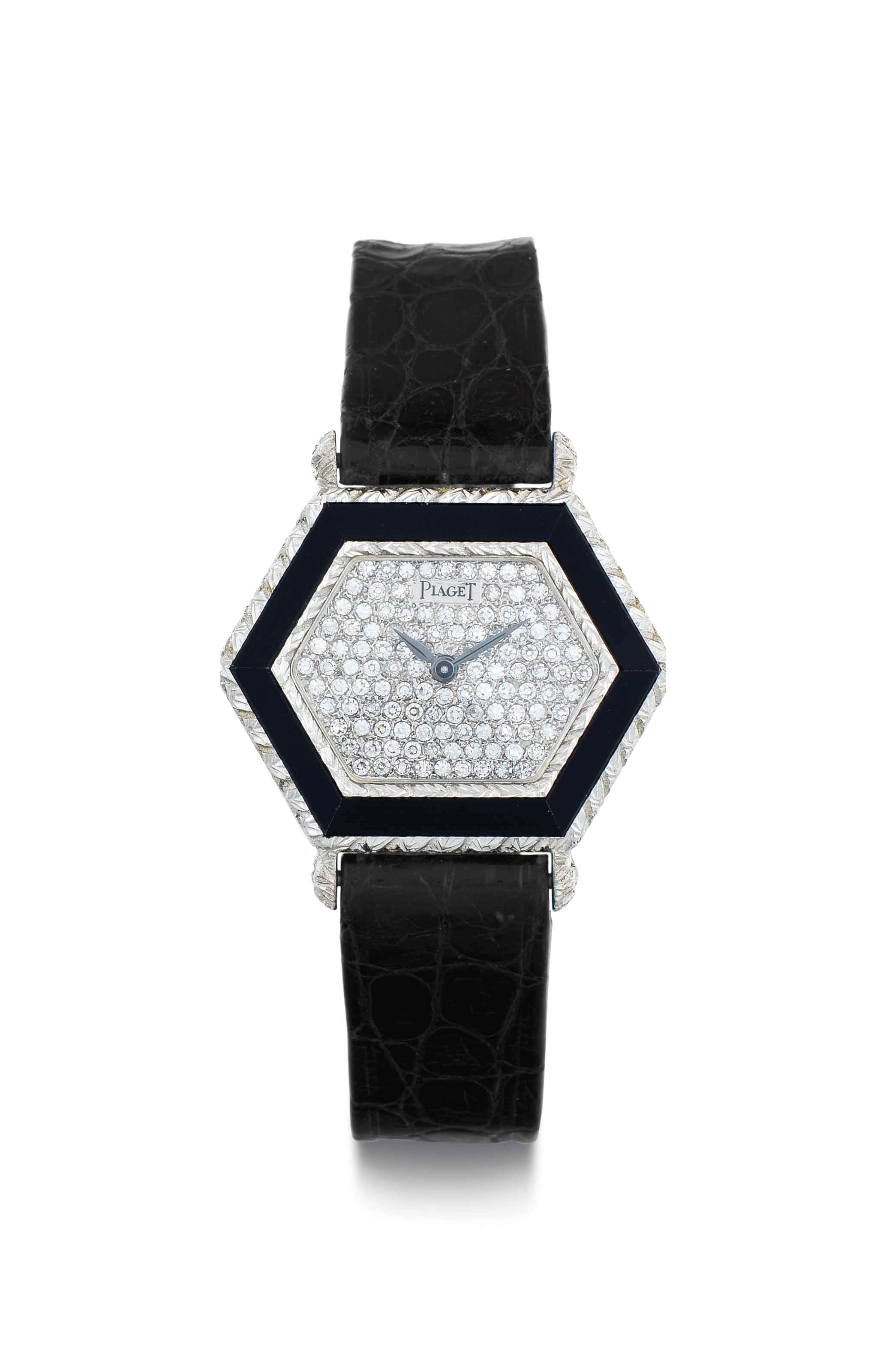 Piaget. An 18k White Gold Hexagonal Wristwatch with Onyx Bezel and Diamond-Set Dial