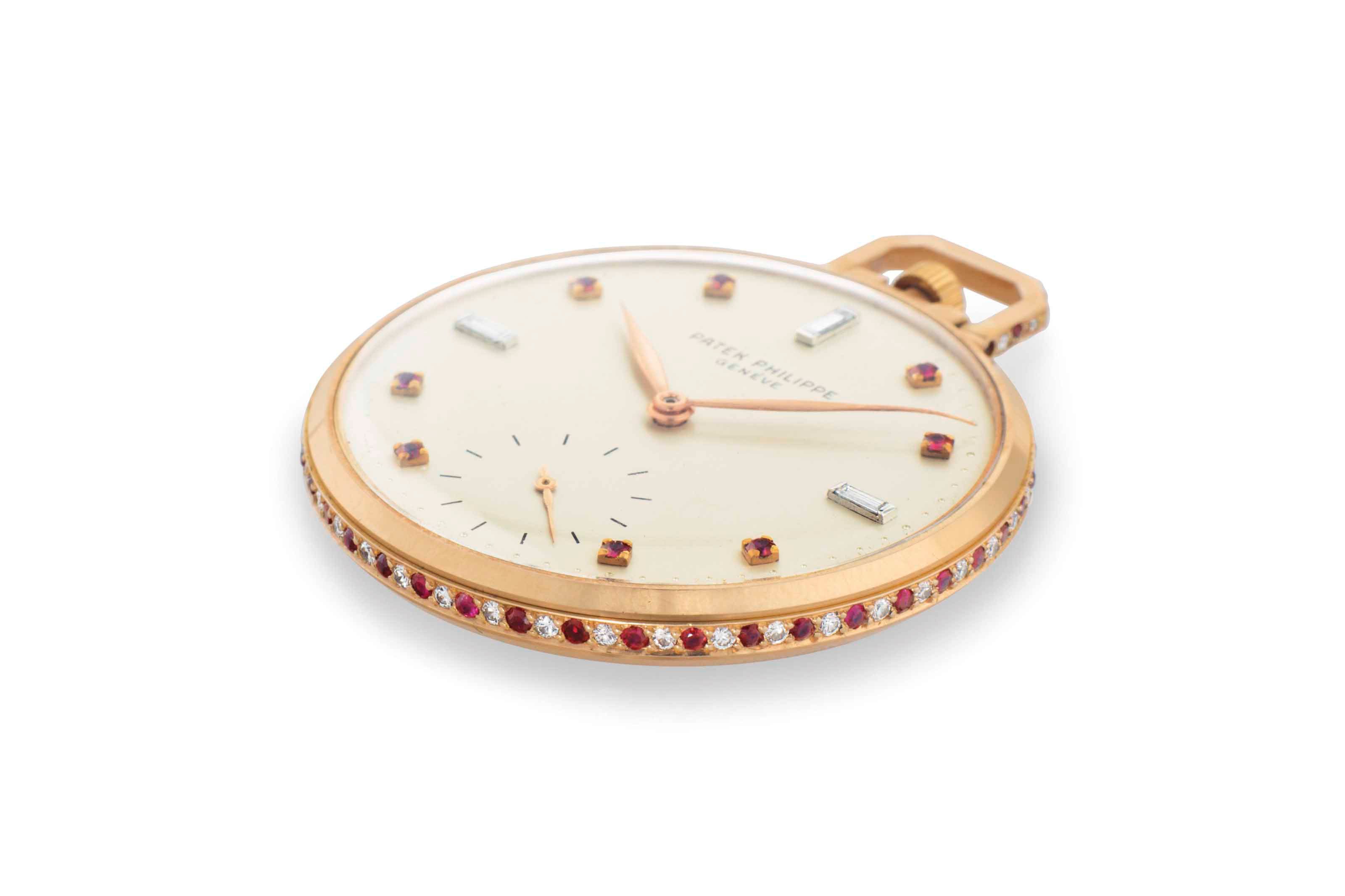 Patek Philippe. A Rare 18k Pink Gold, Diamond and Ruby-Set Openface Keyless Lever Dress Watch